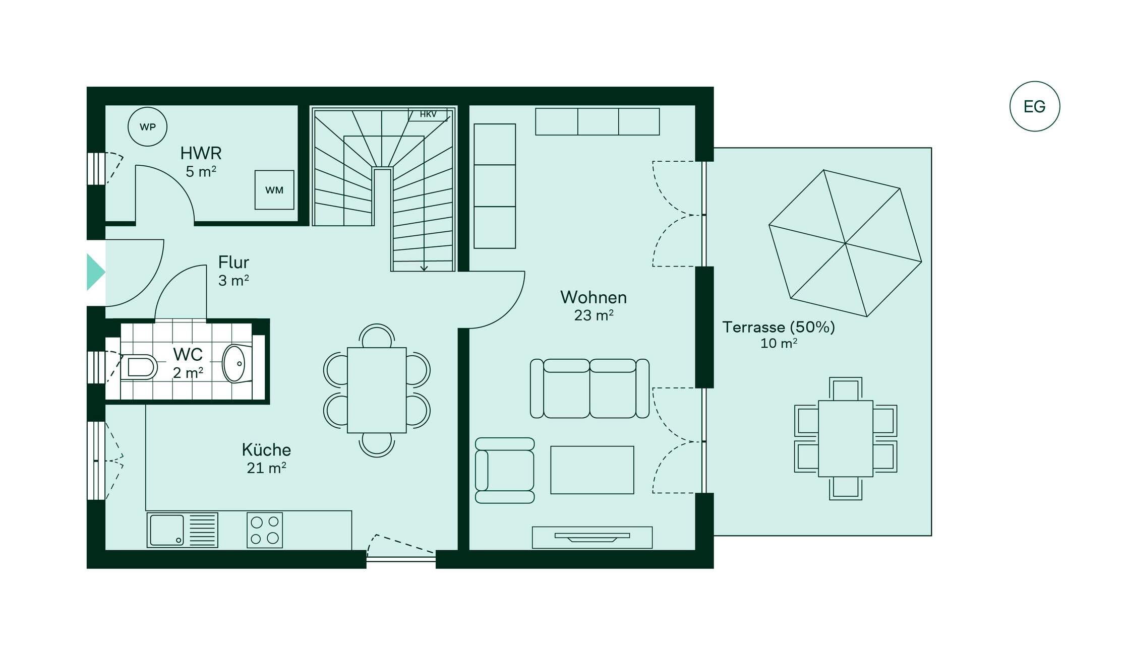 Grundriss vom Erdgeschoss Entdecken Sie das Erdgeschoss: Flur, großzügige Küche, gemütliches Wohnzimmer und Terrasse.