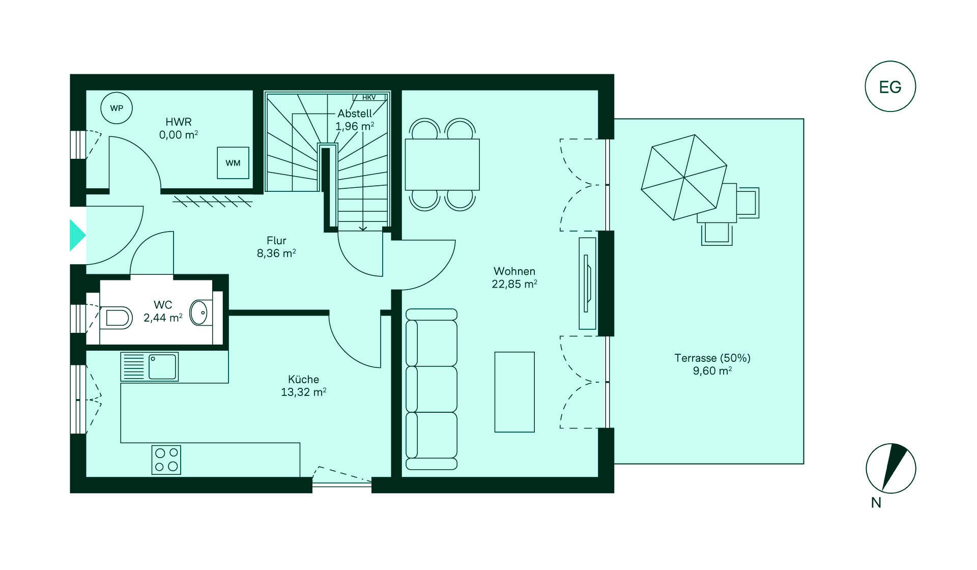 Entdecken Sie das Erdgeschoss: Flur, großzügige Küche, gemütliches Wohnzimmer und Terrasse.