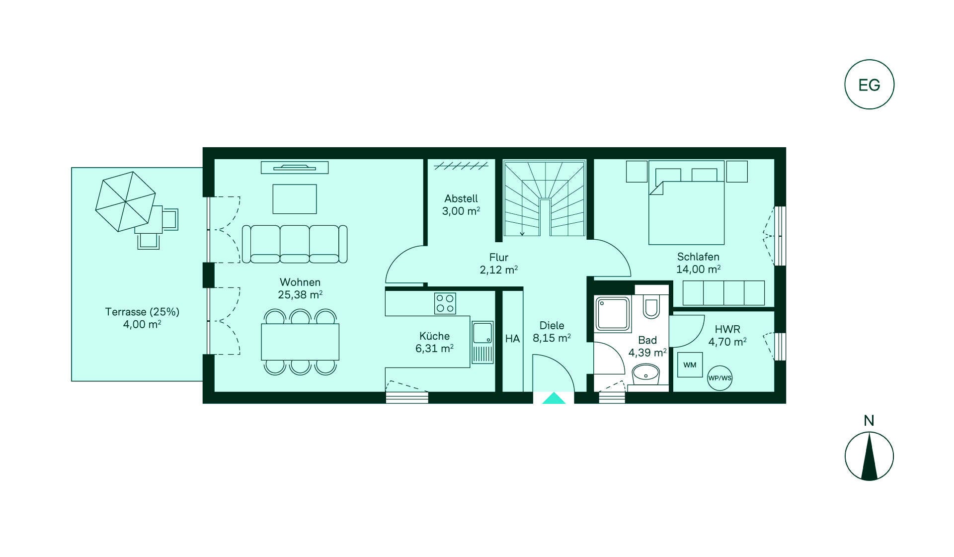 Grundriss vom Erdgeschoss in der Doppelhaushälfte WE036. Grundriss einer gemütlichen Wohnung: Diele, Küche, Wohnzimmer, Schlafzimmer, Bad, Terrasse. Ideal für Ihr neues Zuhause!