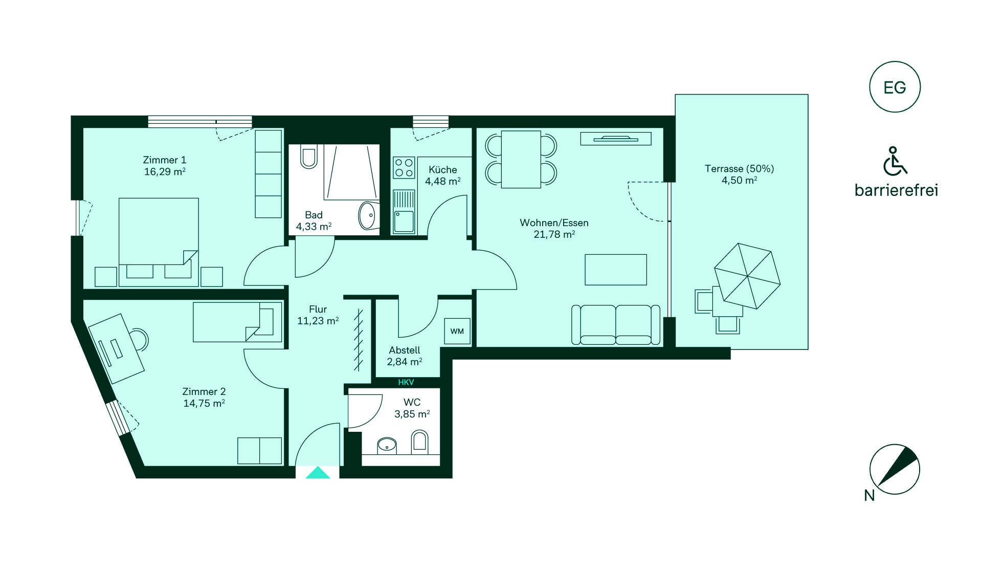 Grundriss Eigentumswohnung 020 im Erdgeschoss Waldpanorama Entdecken Sie ein barrierefreies Zuhause: Flur, Küche, Wohnzimmer, 2 Schlafzimmer, Bad, WC, Terrasse.