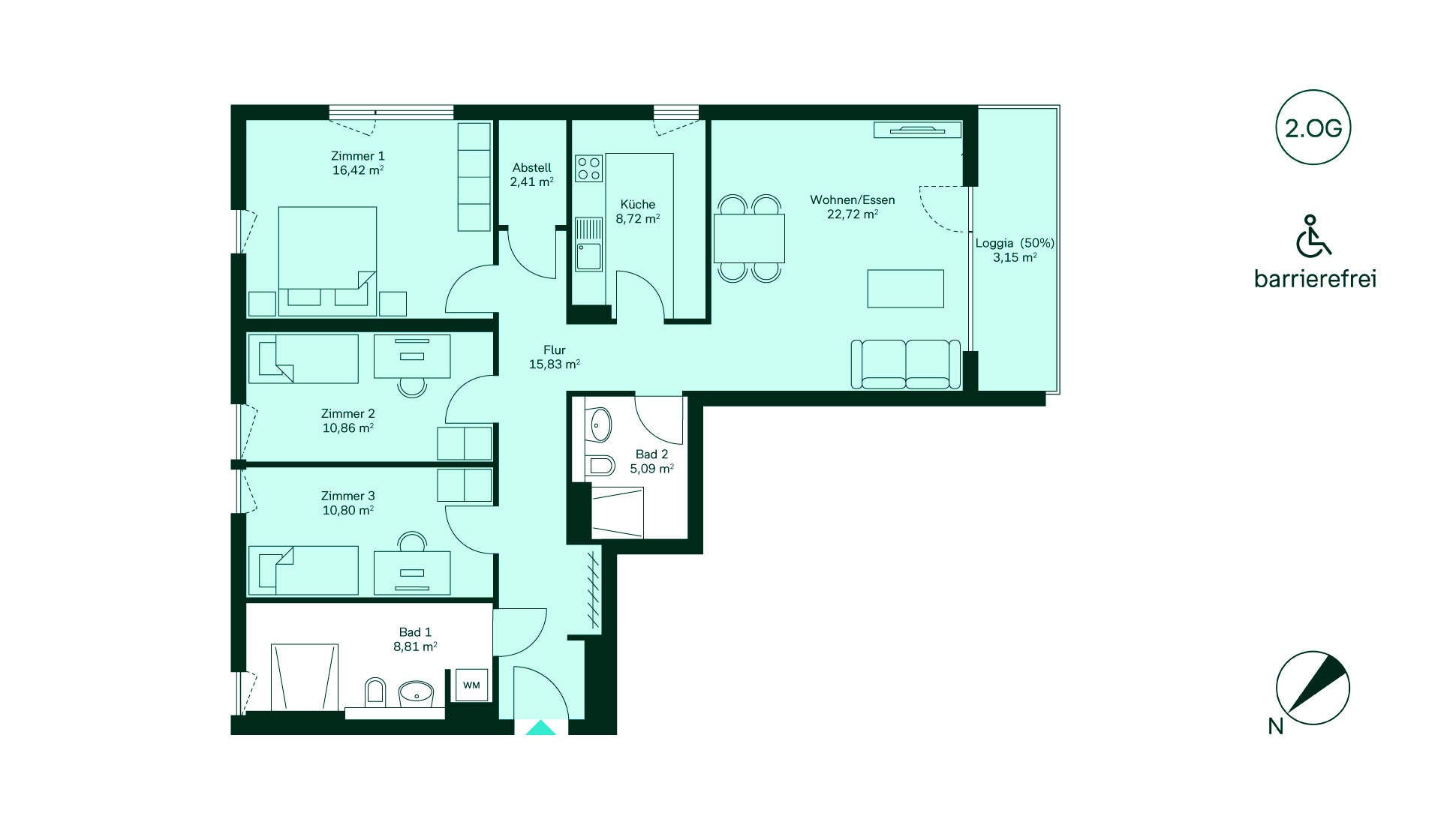 Grundriss Eigentumswohnung 028 im zweiten Obergeschoss Waldpanorama Entdecken Sie die barrierefreie Wohnung: Flur, Küche, Wohnbereich, 3 Zimmer, 2 Bäder, Loggia.