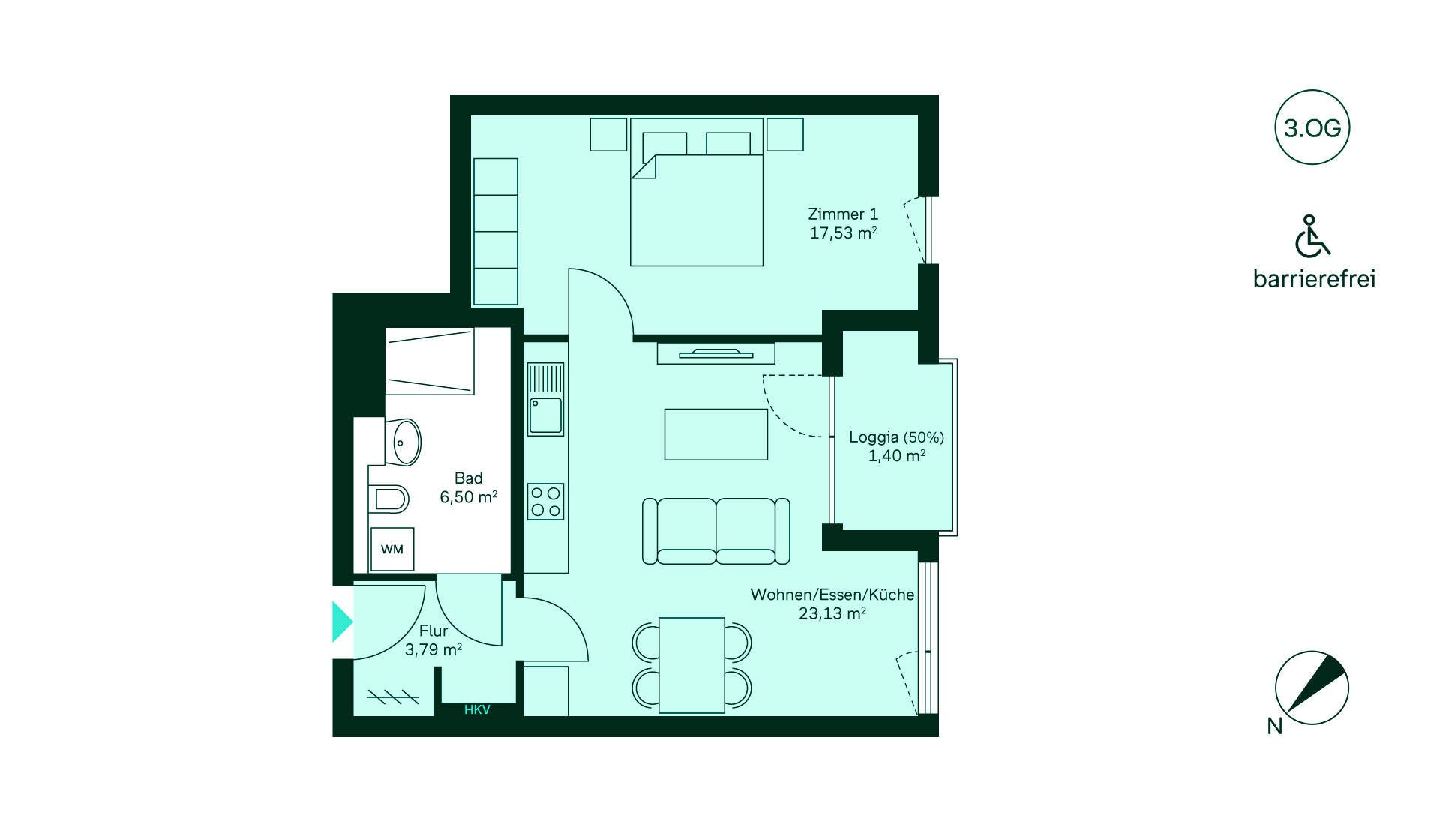Grundriss Eigentumswohnung 033 im dritten Obergeschoss Waldpanorama Entdecken Sie die barrierefreie Wohnung im 3. OG: Flur, Küche/Wohnen, Zimmer, Bad, Loggia. Ideal für Sie!