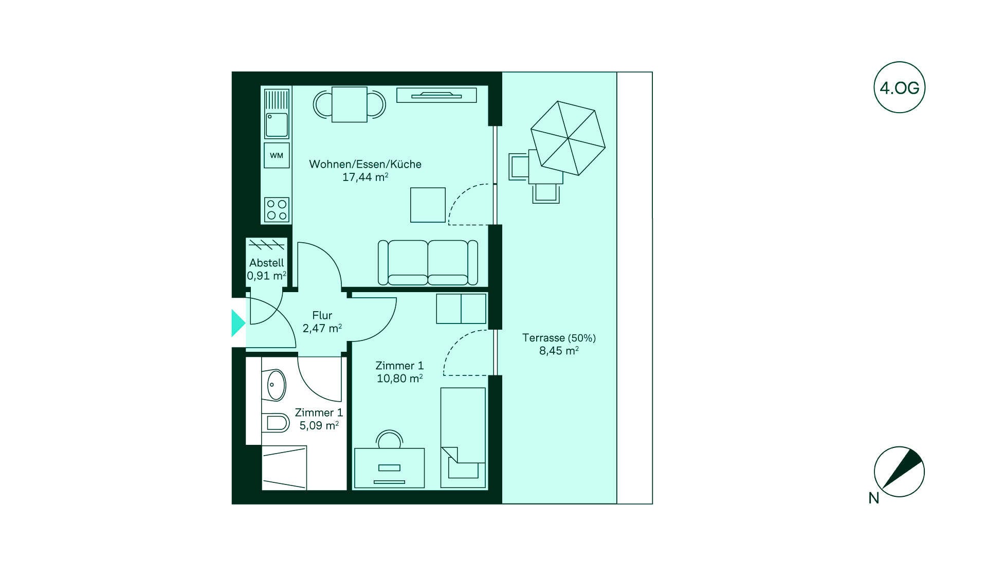 Kompakte Wohnung im 4. OG: Flur, Küche/Wohnbereich, 1 Schlafzimmer, Bad, Terrasse für entspannte Stunden.