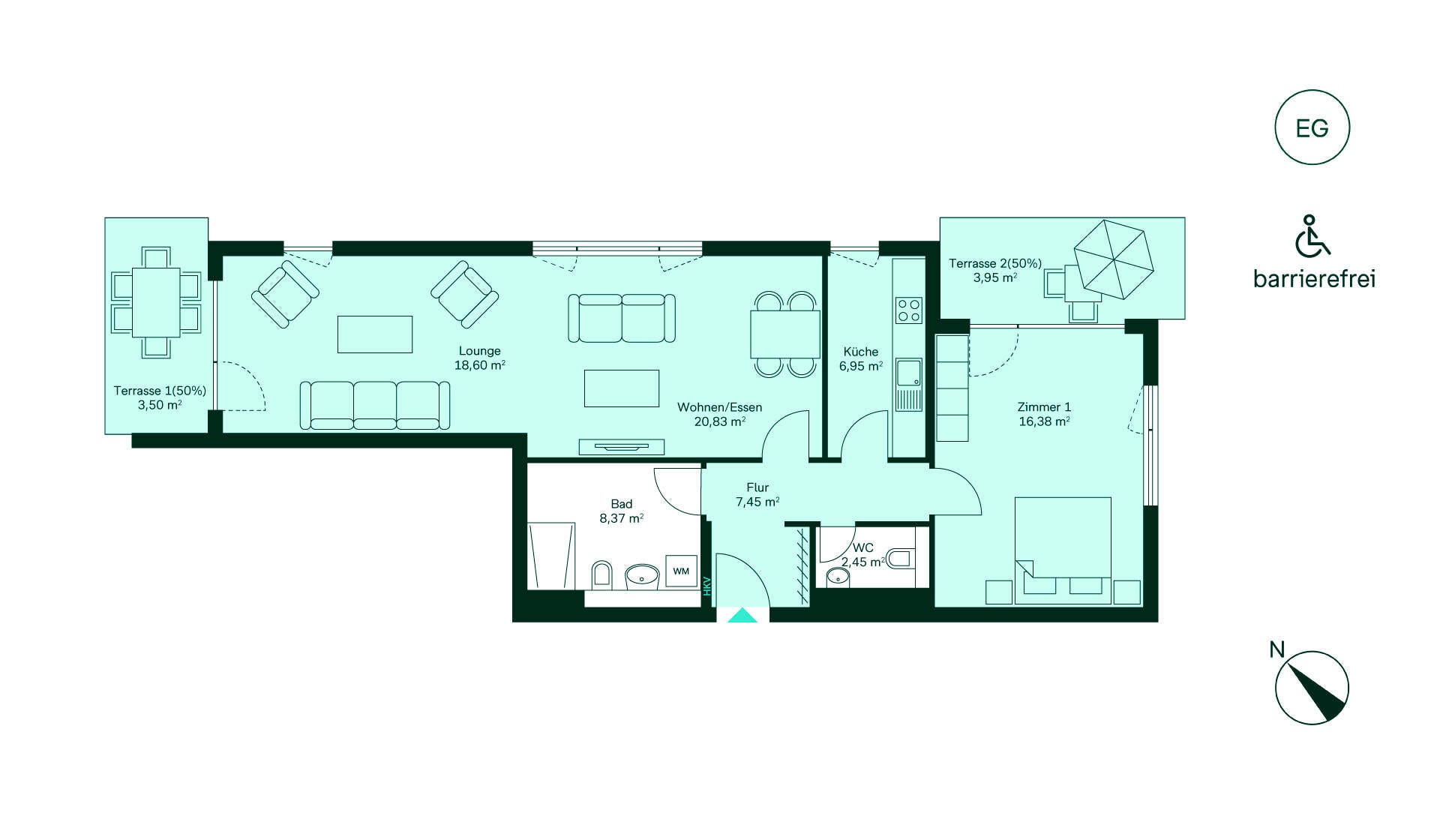 Grundriss Eigentumswohnung 163 im Erdgeschoss Waldpanorama Grundriss einer barrierefreien Wohnung: Flur, Küche, Wohnzimmer, Zimmer, Bad, WC, zwei Terrassen.