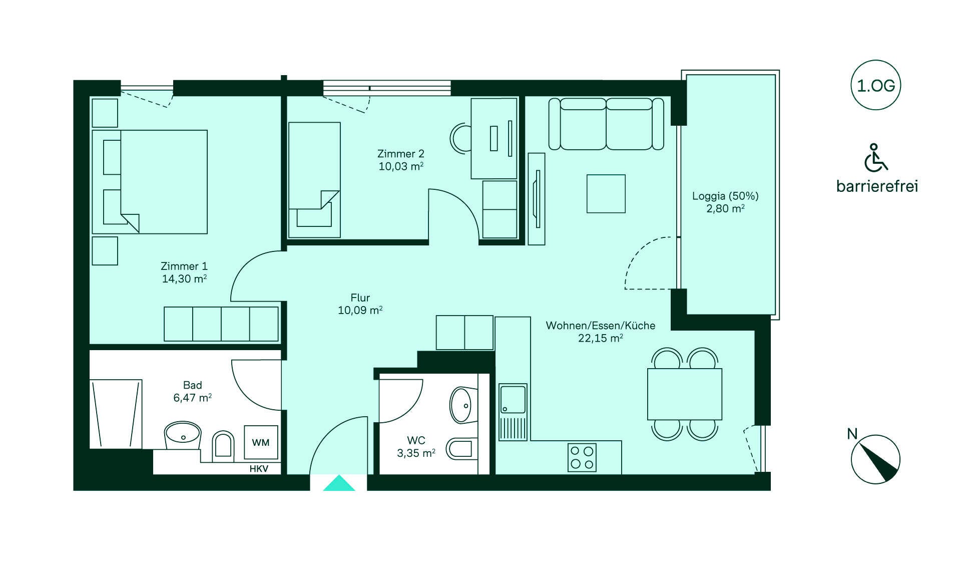 Grundriss Eigentumswohnung 166 im ersten Obergeschoss Waldpanorama Entdecken Sie unser barrierefreies Zuhause: Flur, Küche/Wohnbereich, 2 Zimmer, Bad, WC, Loggia.