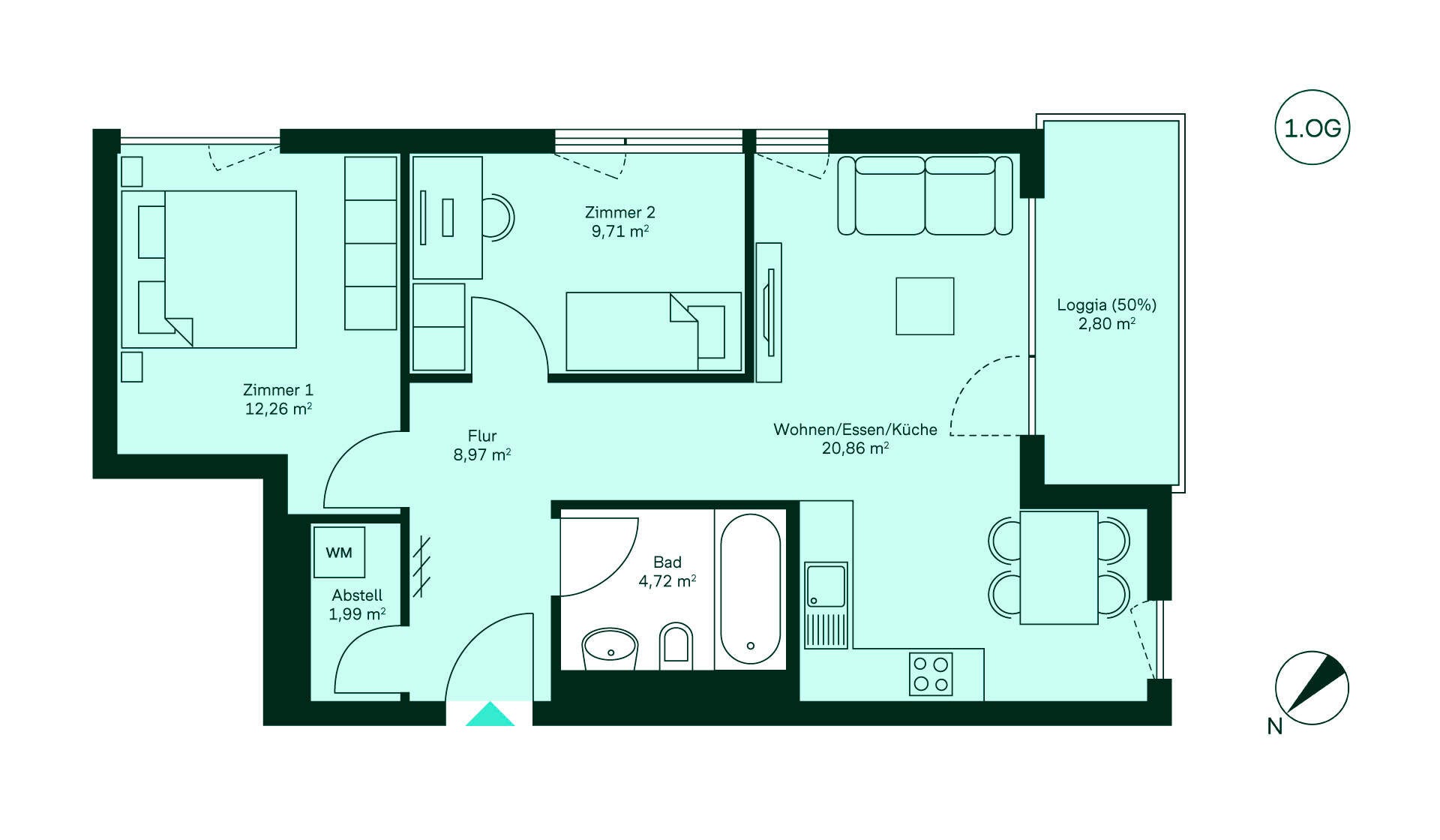 Grundriss Eigentumswohnung 167 im ersten Obergeschoss Waldpanorama Entdecken Sie die gemütliche 2-Zimmer-Wohnung: Flur, offene Küche, Wohnzimmer, Bad und Loggia.