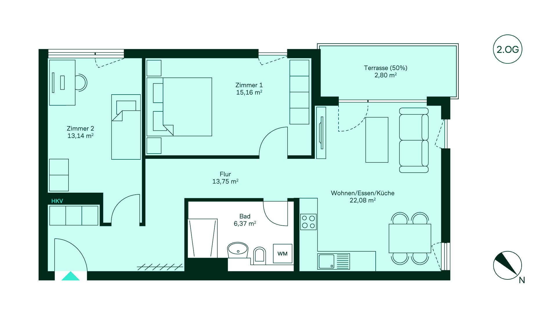 Grundriss Eigentumswohnung 168 im ersten Obergeschoss Waldpanorama Entdecken Sie Ihr neues Zuhause: Flur, offene Küche und Wohnzimmer, 2 Schlafzimmer, Bad, Terrasse.