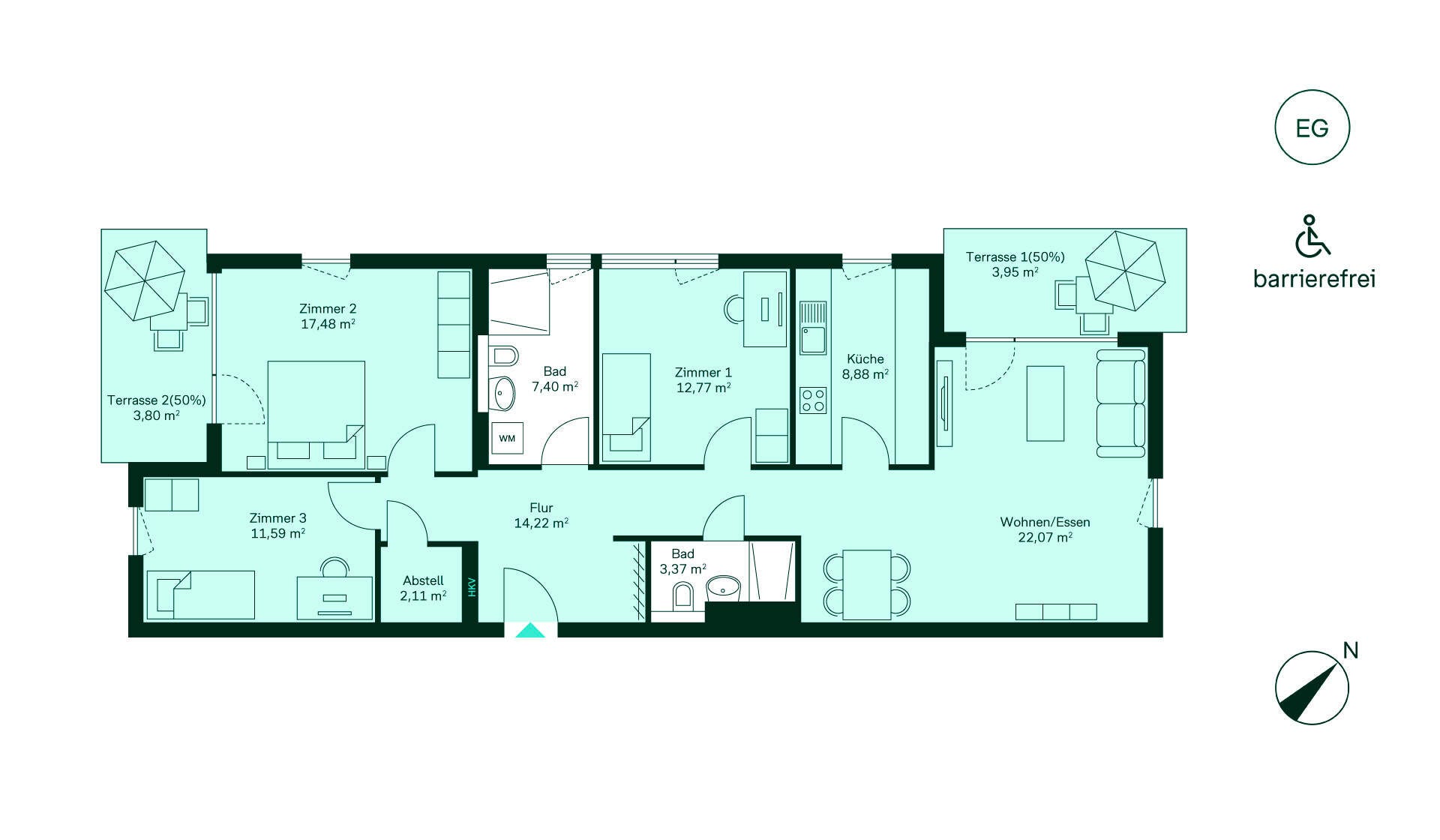 Entdecken Sie Ihr neues Zuhause: Flur, Küche, Wohnzimmer, 3 Zimmer, 2 Bäder, 2 Terrassen, Abstellraum.