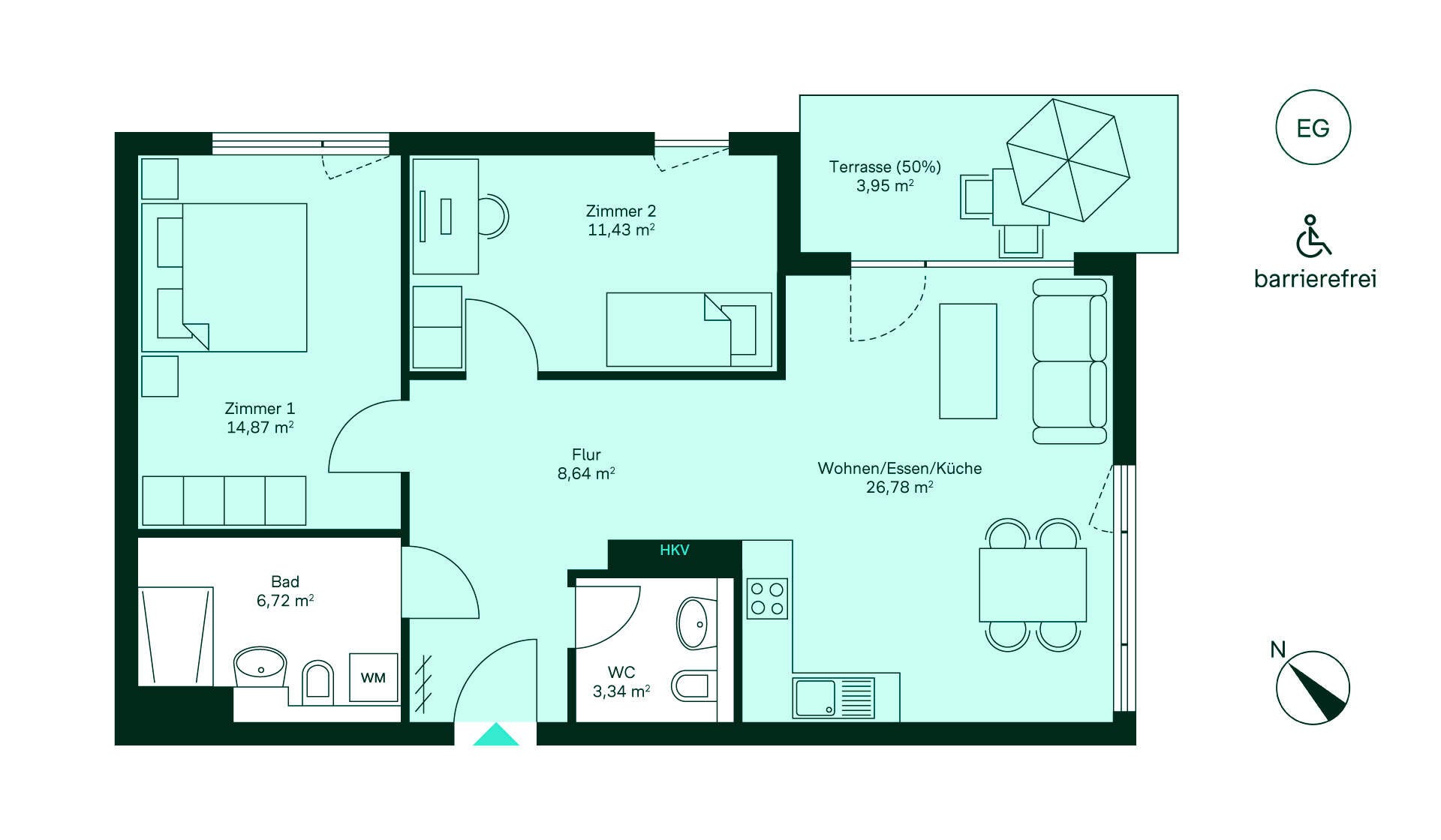 Grundriss Eigentumswohnung 173 im Erdgeschoss Waldpanorama Entdecken Sie Ihr neues Zuhause: Flur, offene Küche/Wohnbereich, 2 Zimmer, Bad, WC und Terrasse.