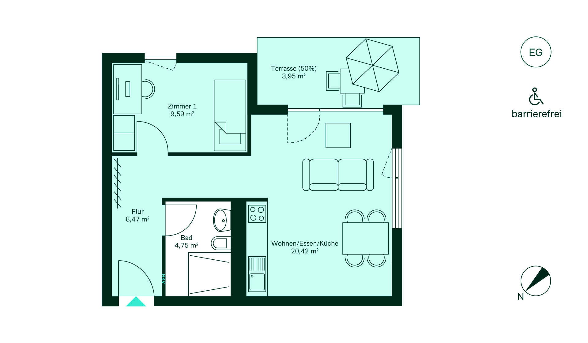 Grundriss Eigentumswohnung 174 im Erdgeschoss Waldpanorama Gemütliche Wohnung mit Flur, offener Küche, Wohn-/Essbereich, Schlafzimmer, Bad und Terrasse.
