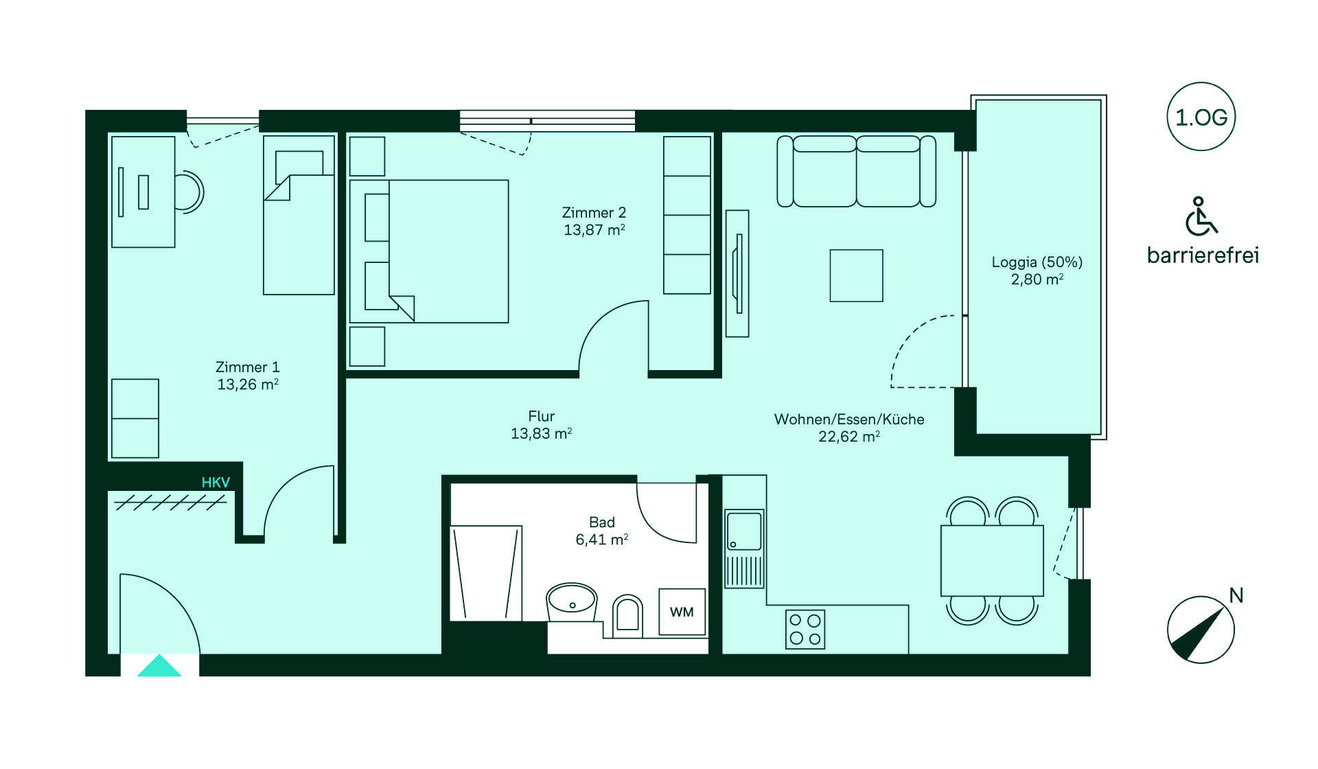 Entdecken Sie Ihr neues Zuhause: Geräumiger Flur, offene Wohnküche, zwei Schlafzimmer, Bad und Loggia.