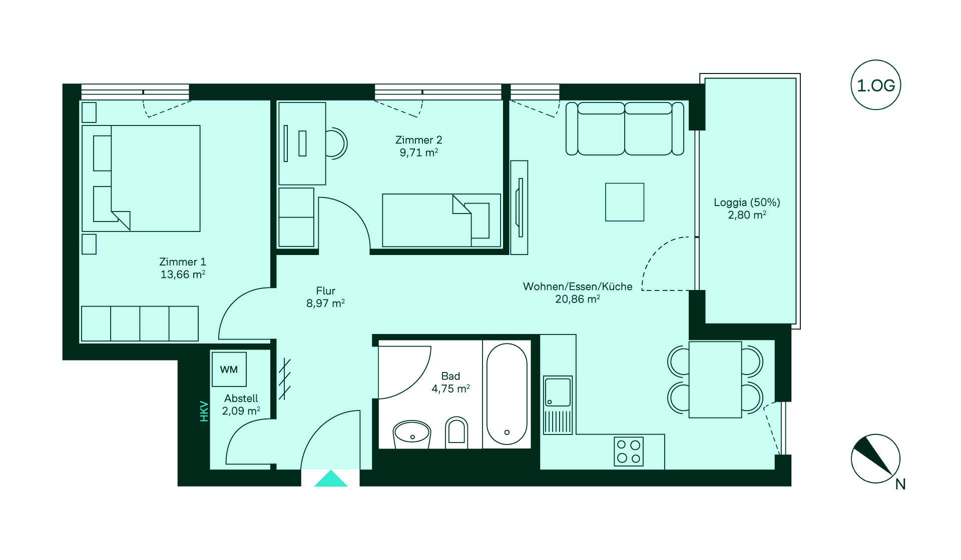 Grundriss Eigentumswohnung 178 im ersten Obergeschoss Waldpanorama Grundriss einer gemütlichen Wohnung: Flur, offene Küche/Wohnbereich, 2 Zimmer, Bad, Loggia. Ideal für Paare!