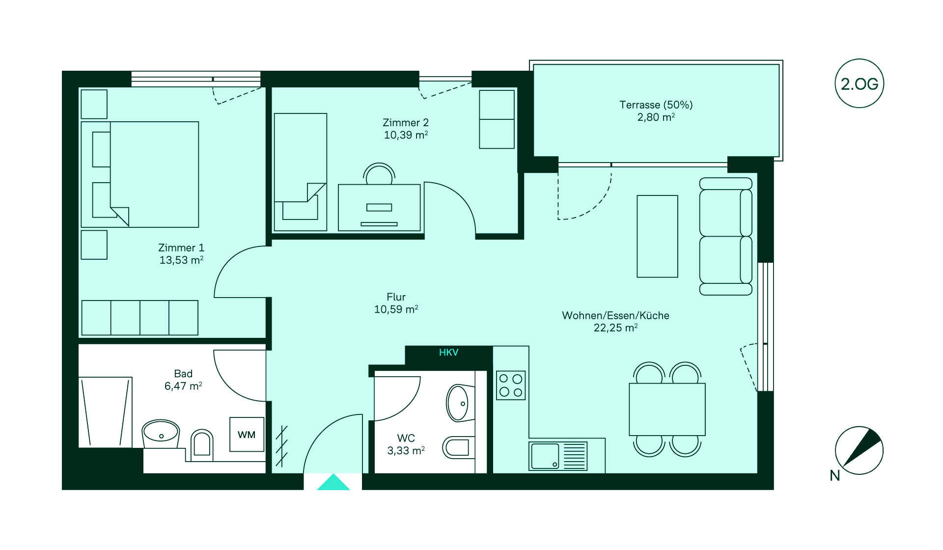 Entdecken Sie Ihr neues Zuhause: Flur, offene Küche mit Wohnbereich, 2 Schlafzimmer, Bad, WC, Terrasse.