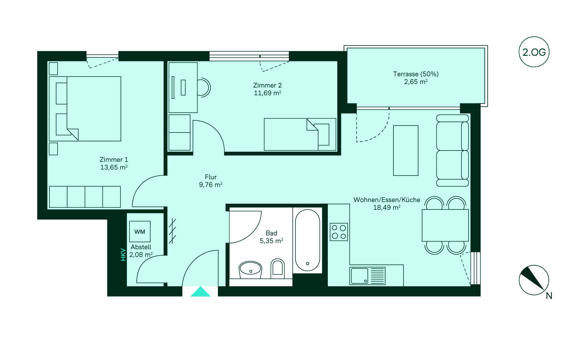 Grundriss Eigentumswohnung 182 im zweiten Obergeschoss Waldpanorama Entdecken Sie Ihr neues Zuhause: Flur, Küche/Wohnzimmer, 2 Schlafzimmer, Bad und Terrasse. Perfekt für gemütliche Abende!