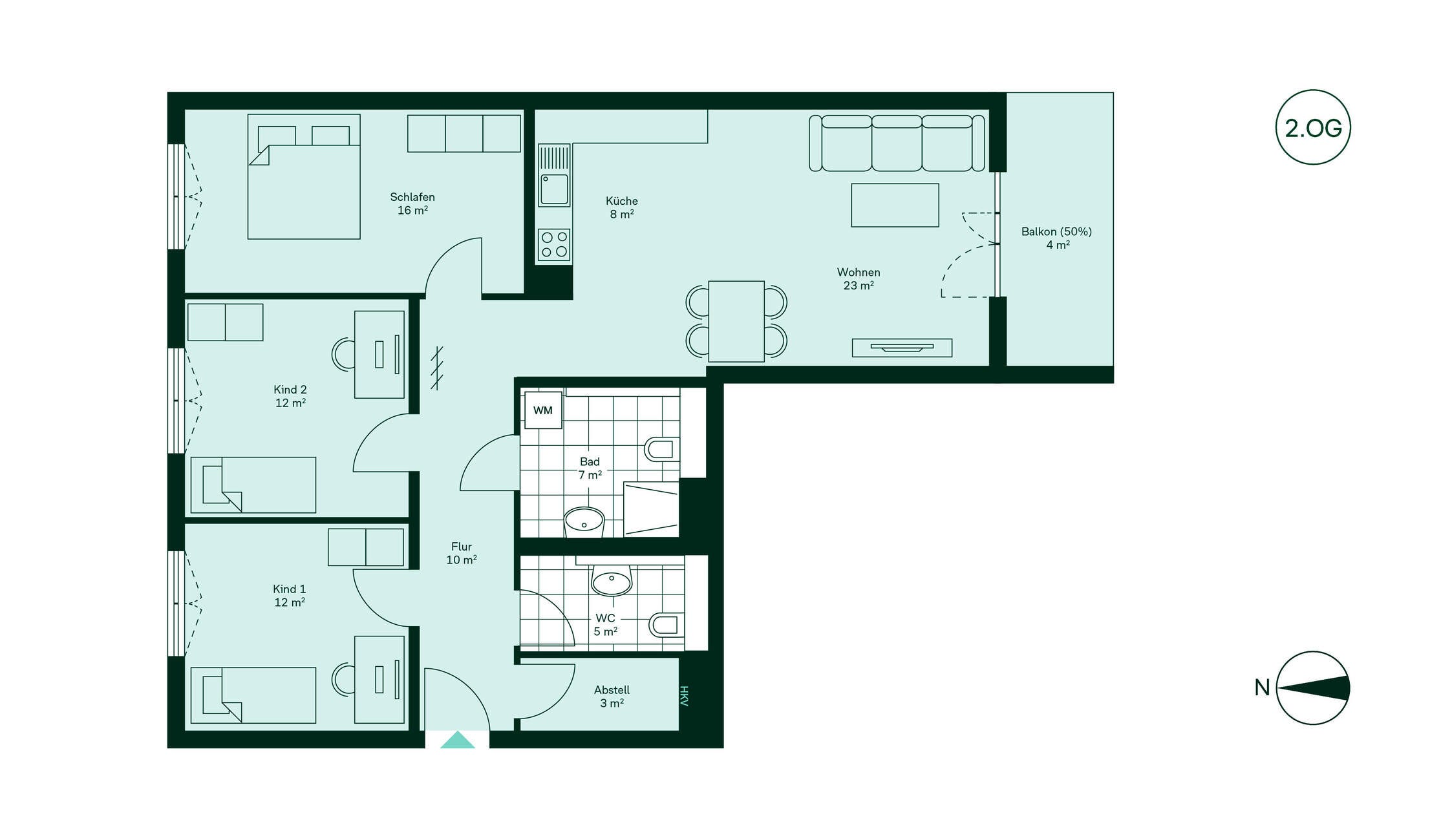 Entdecken Sie den großzügigen Flur, die offene Küche und das gemütliche Wohnzimmer. Drei Schlafzimmer bieten Platz für die ganze Familie. Badezimmer und WC sind modern ausgestattet. Genießen Sie den Balkon für entspannte Stunden im Freien.