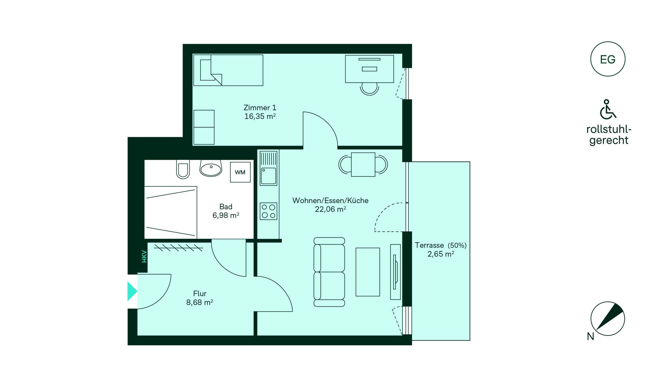 Gemütliche Wohnung mit Flur, offener Küche/Wohnzimmer, Schlafzimmer, Bad und Terrasse. Ideal für Rollstuhlfahrer.