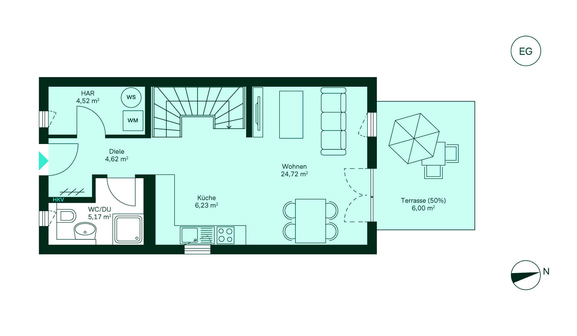 Grundriss Reihenhaus 003 Erdgeschoss Grundriss zeigt Erdgeschoss: Diele, Küche, Wohnbereich, Bad mit Dusche und Terrasse. Perfekt für gemütliche Abende!