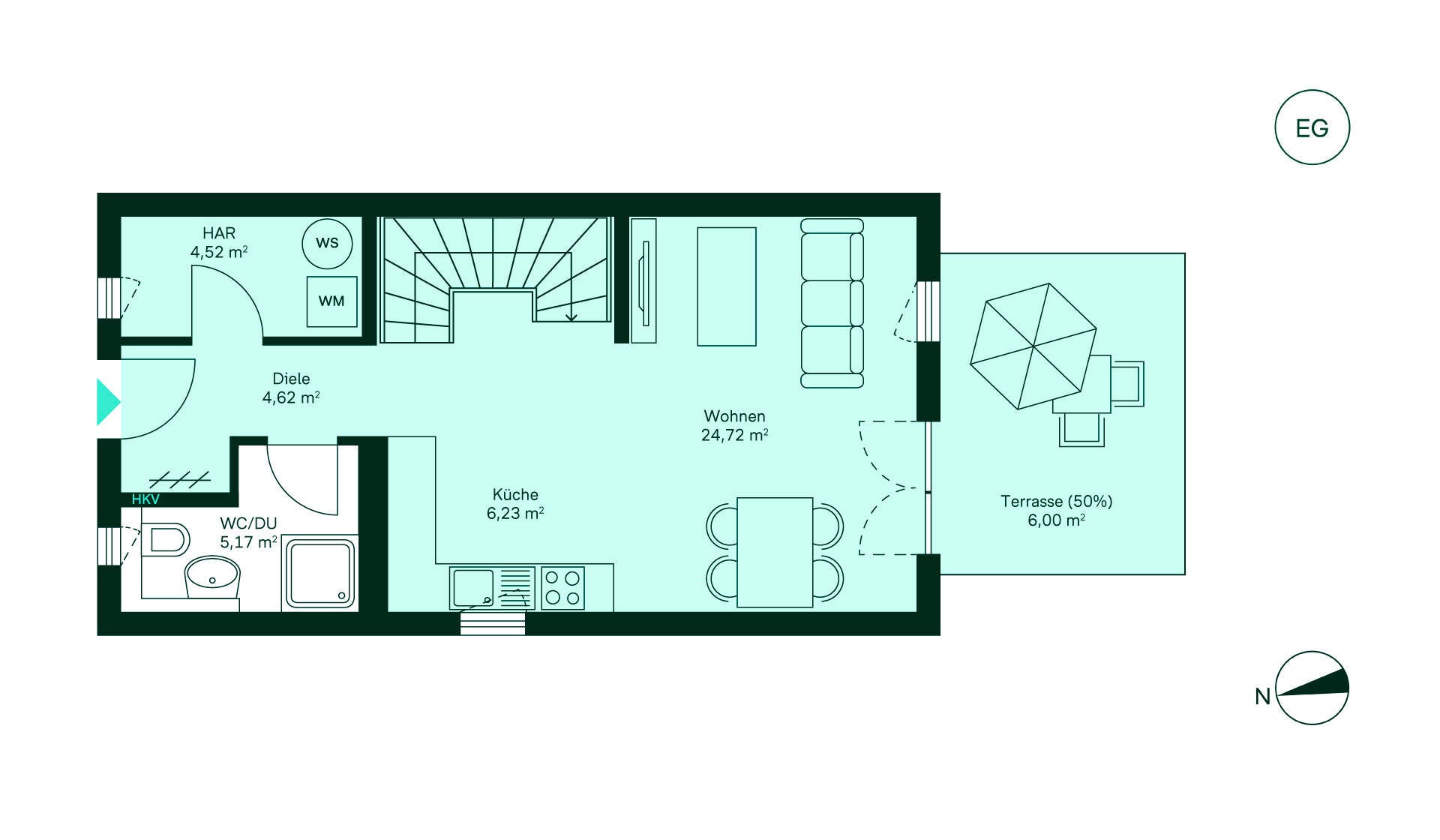 Grundriss Reihenhaus 004 Erdgeschoss Grundriss einer gemütlichen Wohnung: Diele, Küche, Wohnbereich, Bad und Terrasse laden zum Wohlfühlen ein.