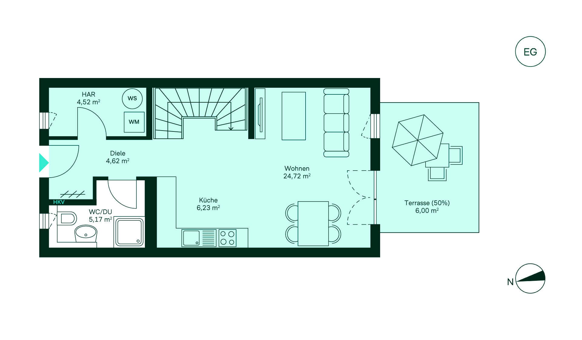 Grundriss Reihenhaus Erdgeschoss Entdecken Sie Ihr neues Zuhause: Flur, Küche, Wohnzimmer, Bad und Terrasse für entspannte Stunden.