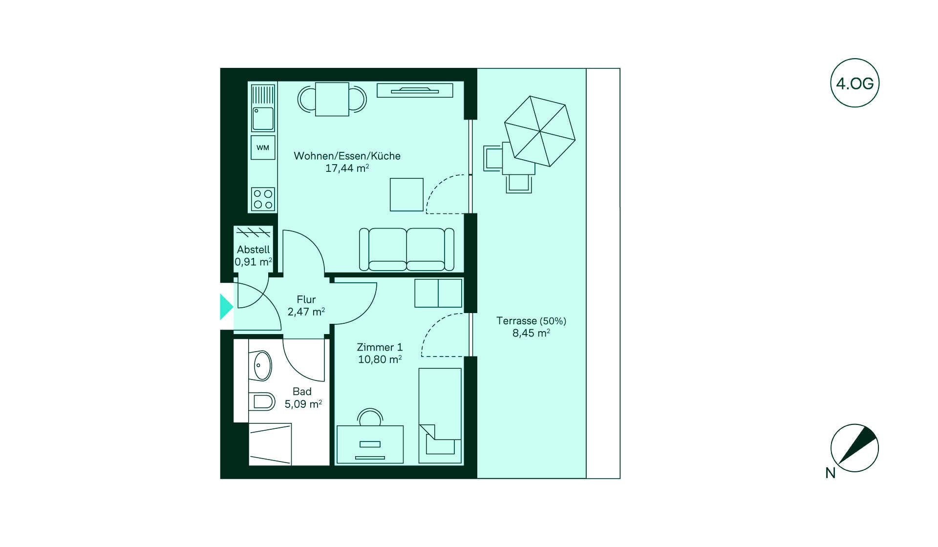 Gemütliche Wohnung im 4. OG: Flur, Küche/Wohnbereich, 1 Zimmer, Bad, Terrasse. Ideal für Singles!