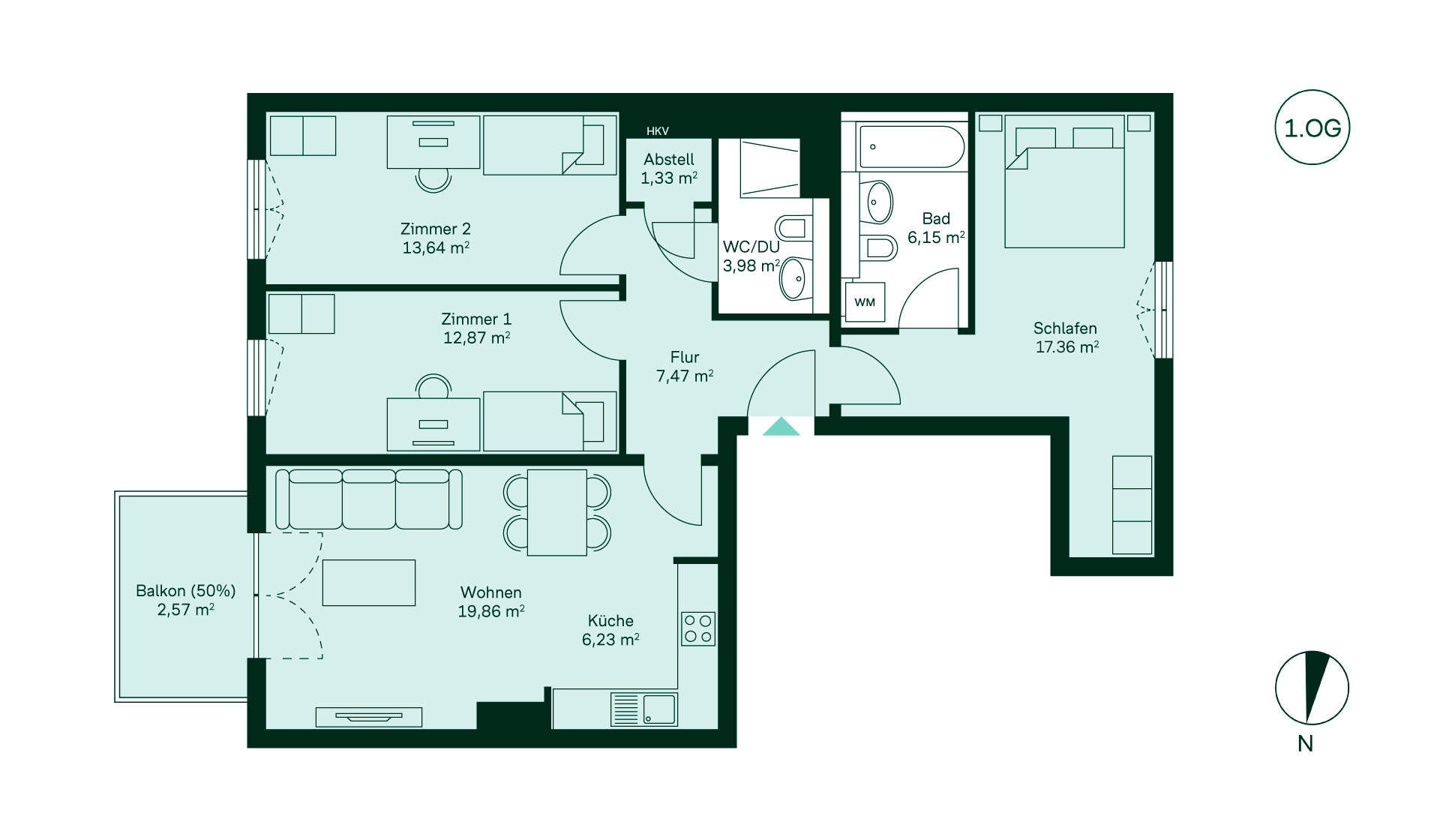 Grundriss Eigentumswohnung 052 Lichtenrader Bogen Entdecken Sie Ihr neues Zuhause: Flur, Küche, großzügiges Wohnzimmer, drei Zimmer, zwei Bäder und Balkon.