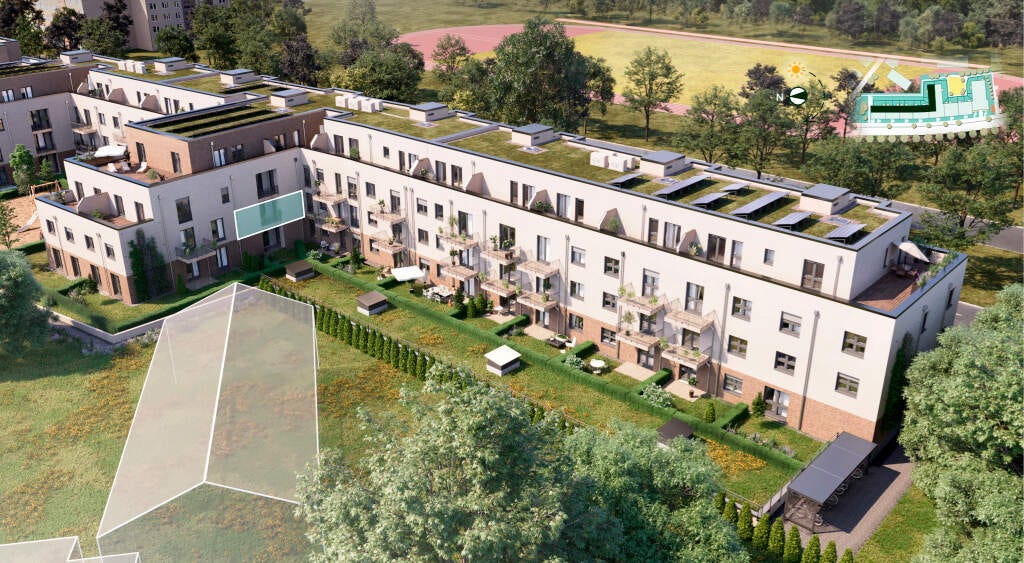 Gartenansicht der Wohnung 037 im 1. OG Moderne Wohnanlage mit begrünten Dächern, Balkonen und Gartenflächen in ruhiger Umgebung.
