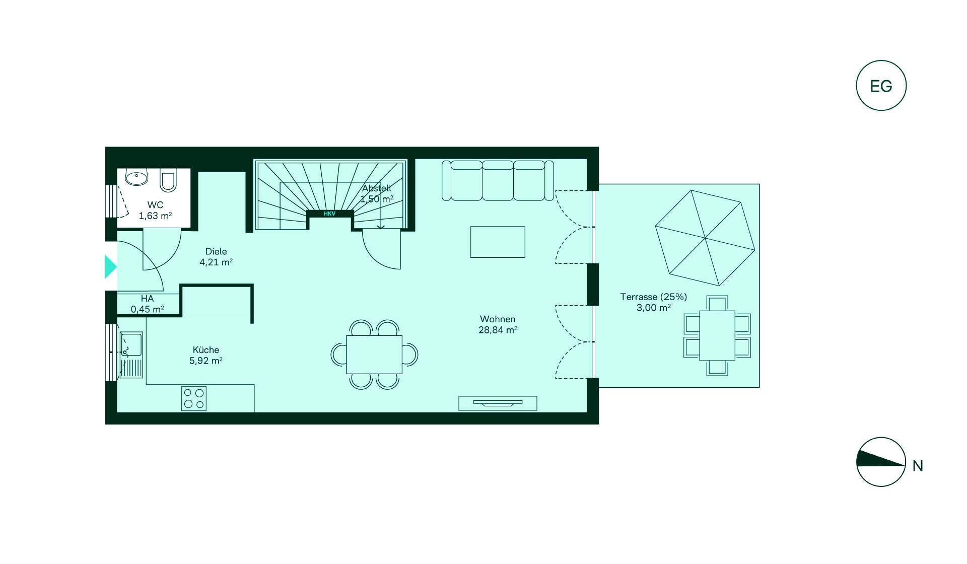 Grundriss Erdgeschoss vom Reihenhaus 003 Grundriss des Erdgeschosses: Diele, Küche, Wohnzimmer, WC und Terrasse für gemütliche Stunden.