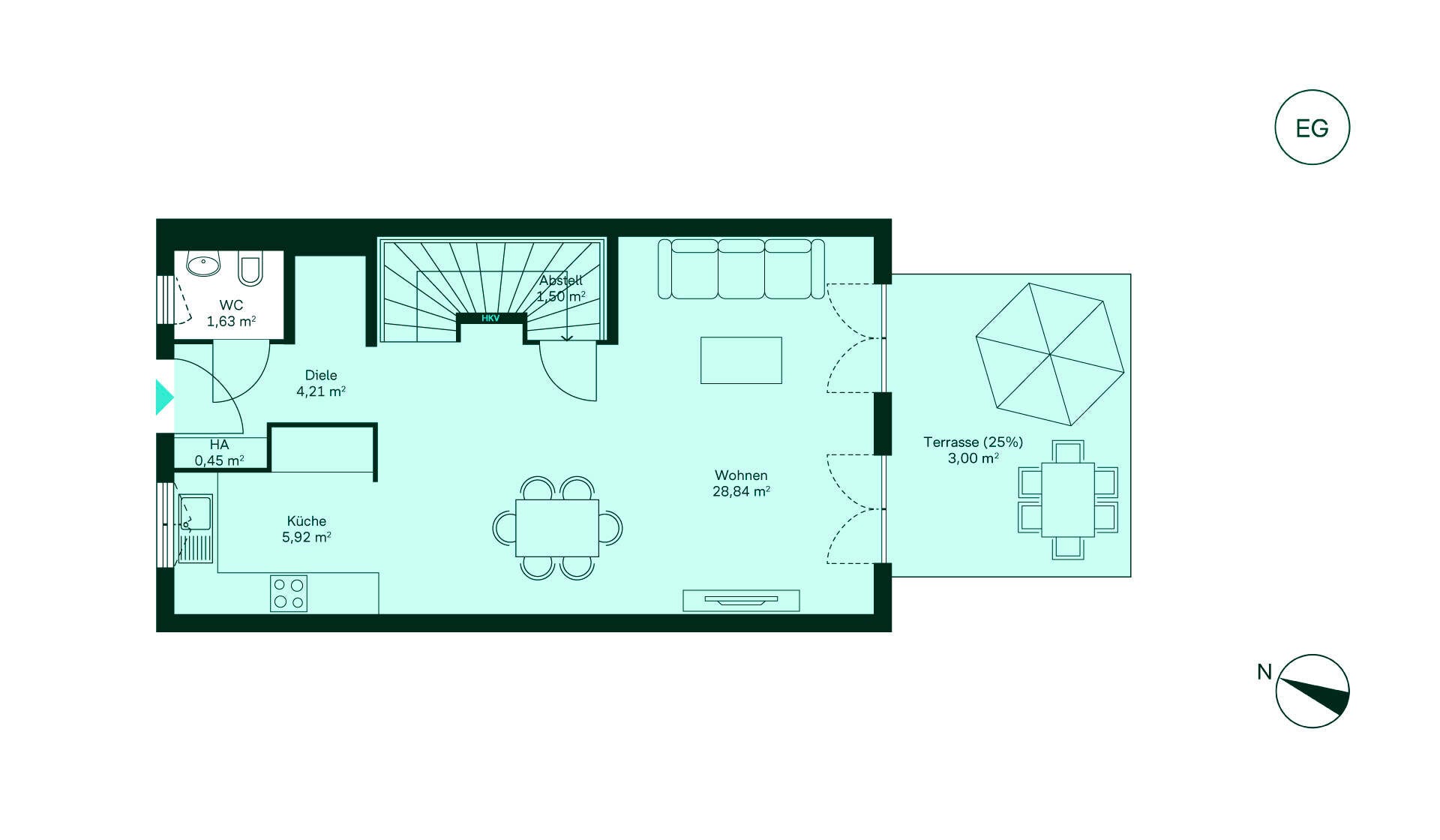 Grundriss Erdgeschoss vom Reihenhaus 010 Grundriss des Erdgeschosses: Diele, Küche, geräumiges Wohnzimmer, WC, Terrasse. Ideal für Familien!