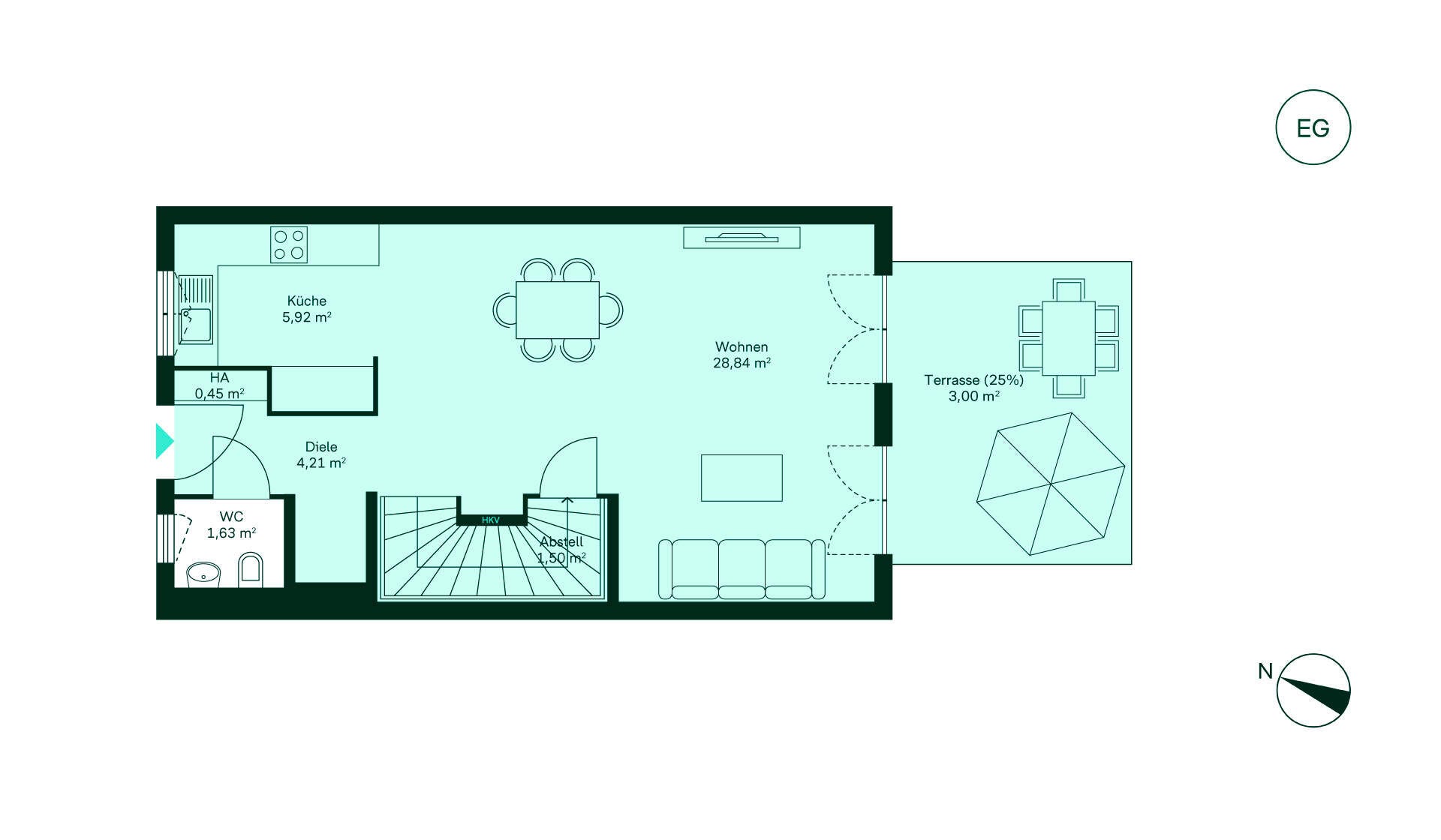 Grundriss zeigt Erdgeschoss mit Diele, Küche, Wohnzimmer, WC und Terrasse. Perfekt für gemütliche Abende!