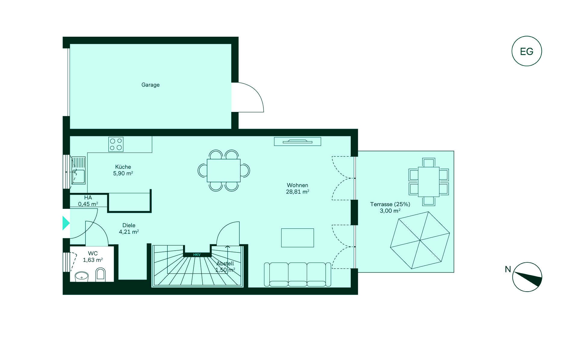 Grundriss des Erdgeschosses: Diele, Küche, Wohnzimmer, WC, Abstellraum, Terrasse und Garage.