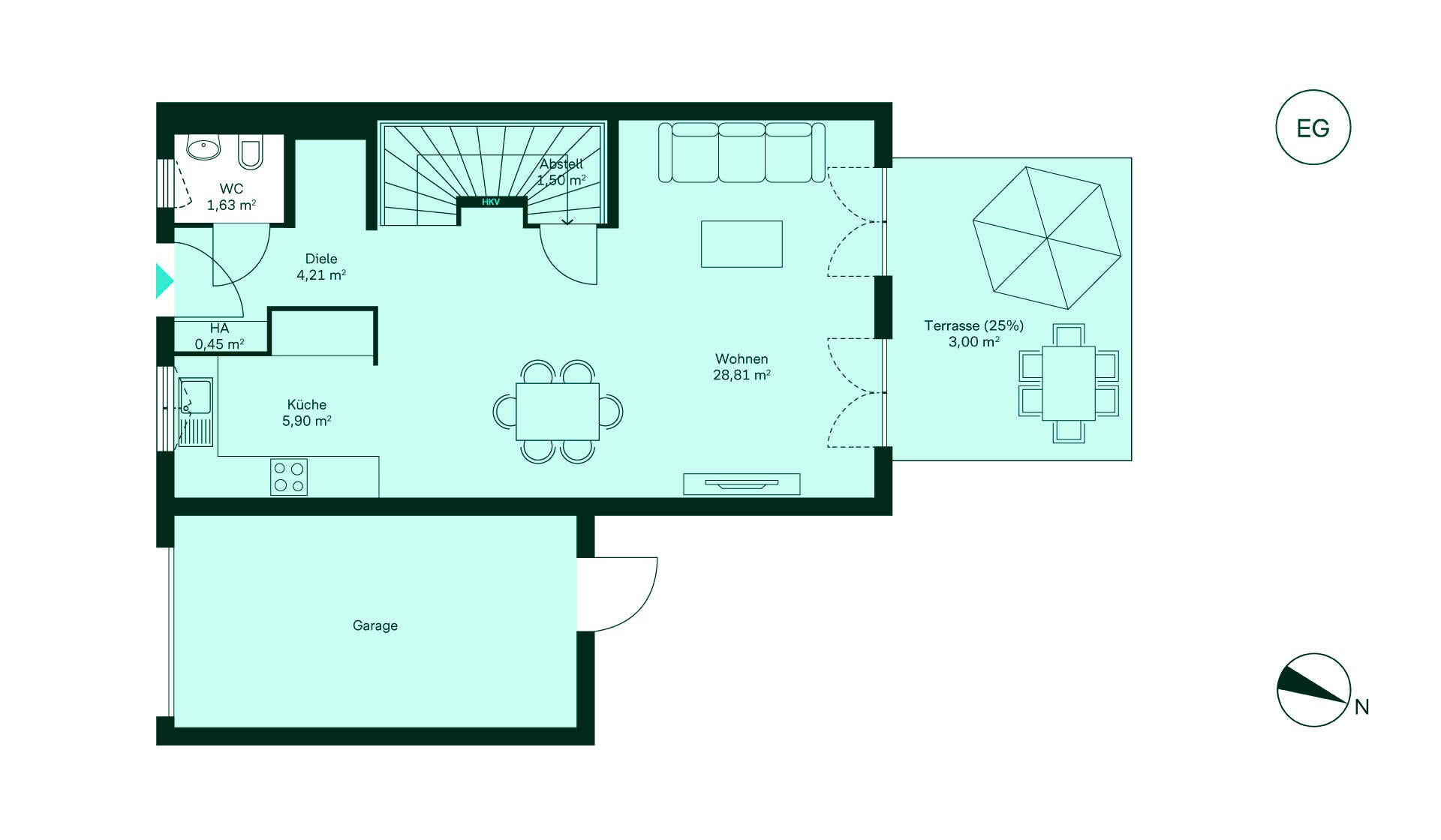 Grundriss zeigt Erdgeschoss mit Diele, Küche, geräumigem Wohnzimmer, WC und Terrasse. Ideal für Familie!