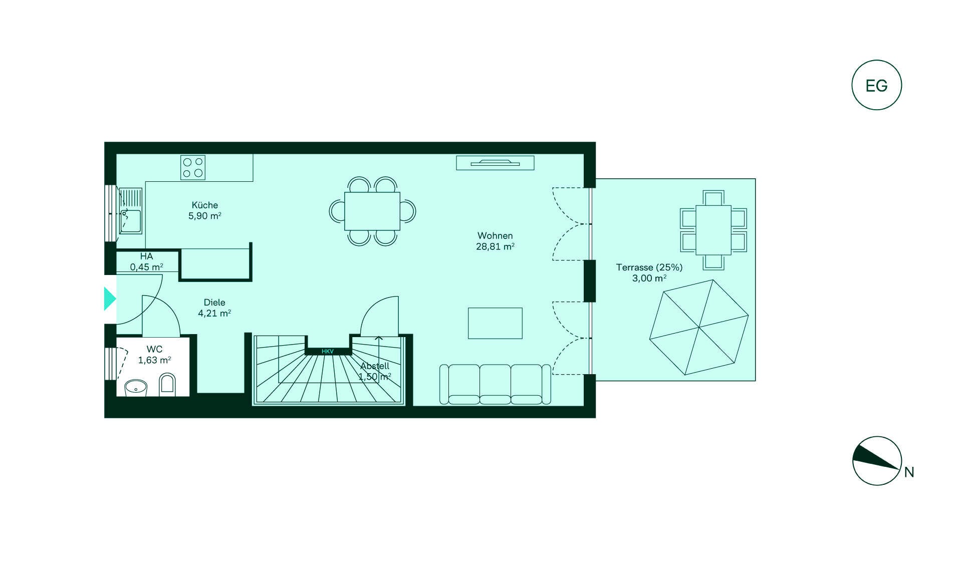 Grundriss Erdgeschoss der Doppelhaushälfte 034 Entdecken Sie Ihr neues Zuhause: Eingangsbereich, Küche, Wohnzimmer, WC und Terrasse laden ein!