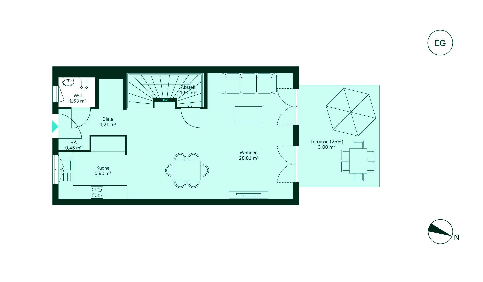 Grundriss des Erdgeschosses: Diele, Küche, Wohnzimmer, WC und Terrasse. Perfekt zum Wohlfühlen!