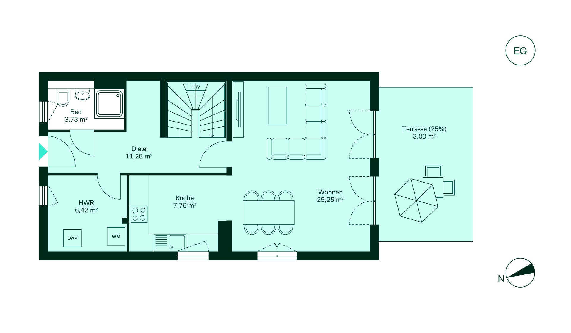 Grundriss vom Erdgeschoss in der Doppelhaushälfte WE039. Grundriss eines gemütlichen Hauses: Diele, Küche, Wohnzimmer, Bad, HWR und eine Terrasse für entspannte Momente.