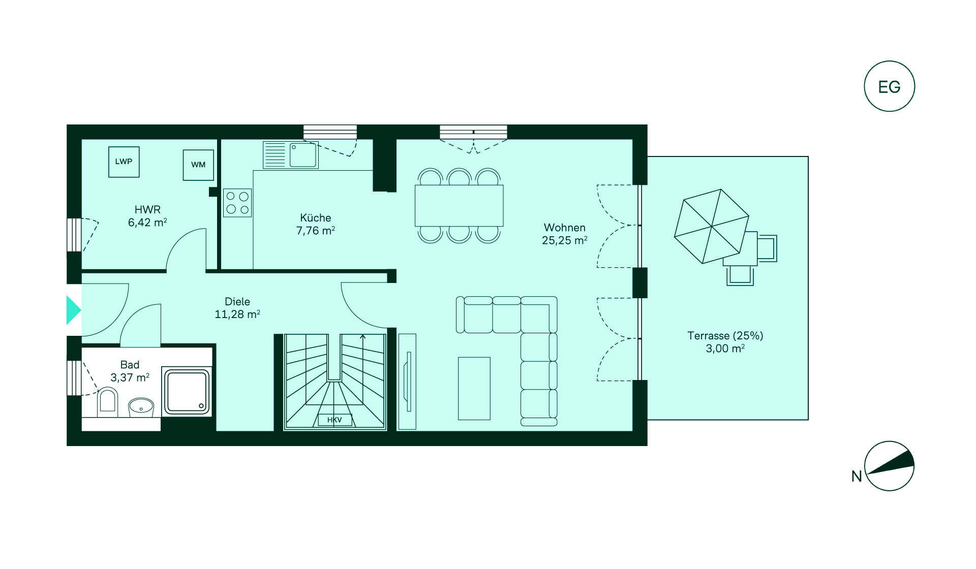 Grundriss vom Erdgeschoss in der Doppelhaushälfte WE040. Grundriss eines gemütlichen Erdgeschosses: Diele, Küche, Wohnzimmer, Bad, HWR und Terrasse.