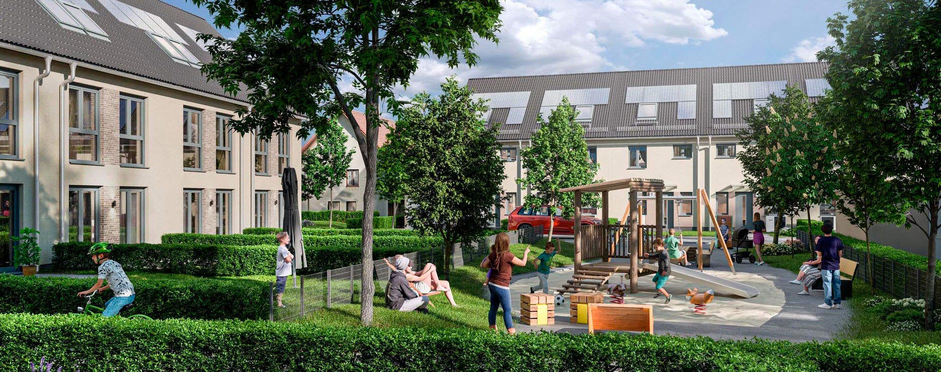 Unser Wohnquartier Petersbogen in Düren-Nord bietet zeitgemäße Häuser mit Gärten Visualisierung - Moderne Wohnsiedlung mit Spielplatz, grünen Hecken und Solarpanelen auf den Dächern. Ideal für Familien.
