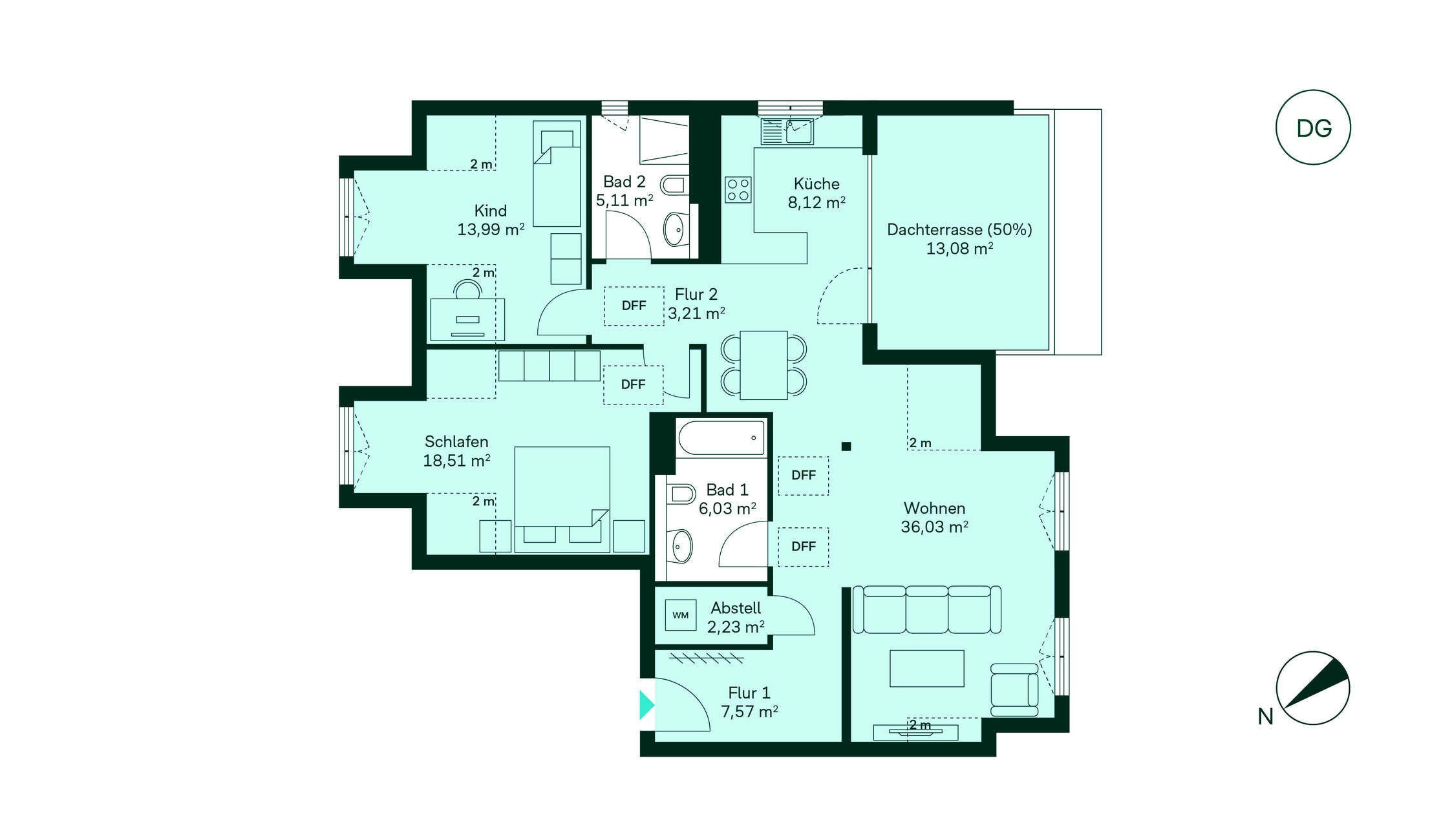 Grundriss: Eingangsbereich, Küche, Wohnzimmer, Schlafzimmer, Kinderzimmer, 2 Bäder, Dachterrasse.