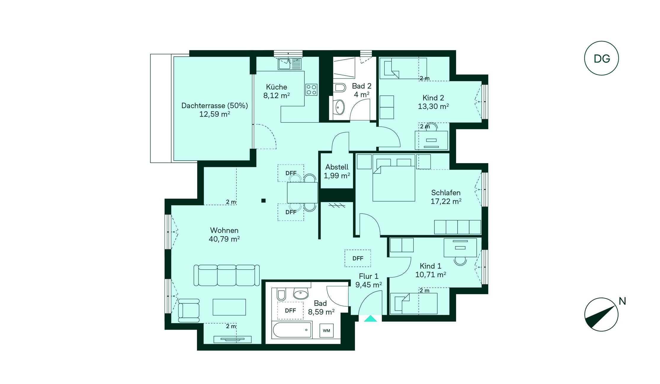 Grundriss einer charmanten Wohnung: Flur, Küche, Wohnzimmer, 3 Schlafzimmer, 2 Bäder, Dachterrasse.