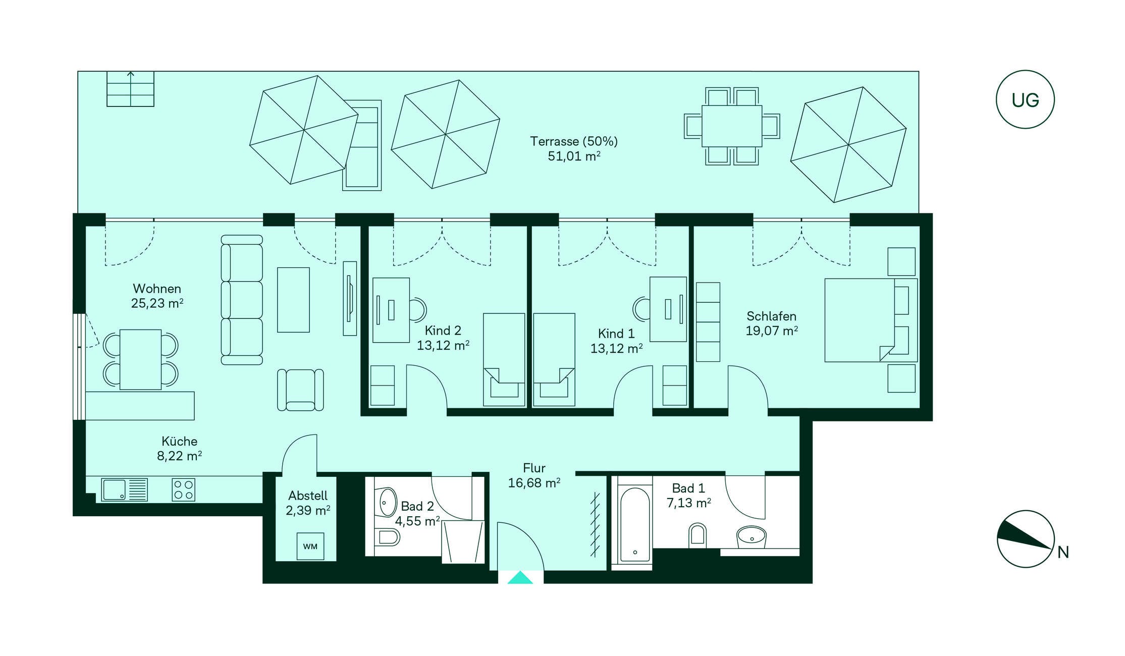 Grundriss Wohnung 039 Entdecken Sie das gemütliche Zuhause: Flur, Küche, Wohnzimmer, drei Schlafzimmer, zwei Bäder und Terrasse. Perfekt für Familien!