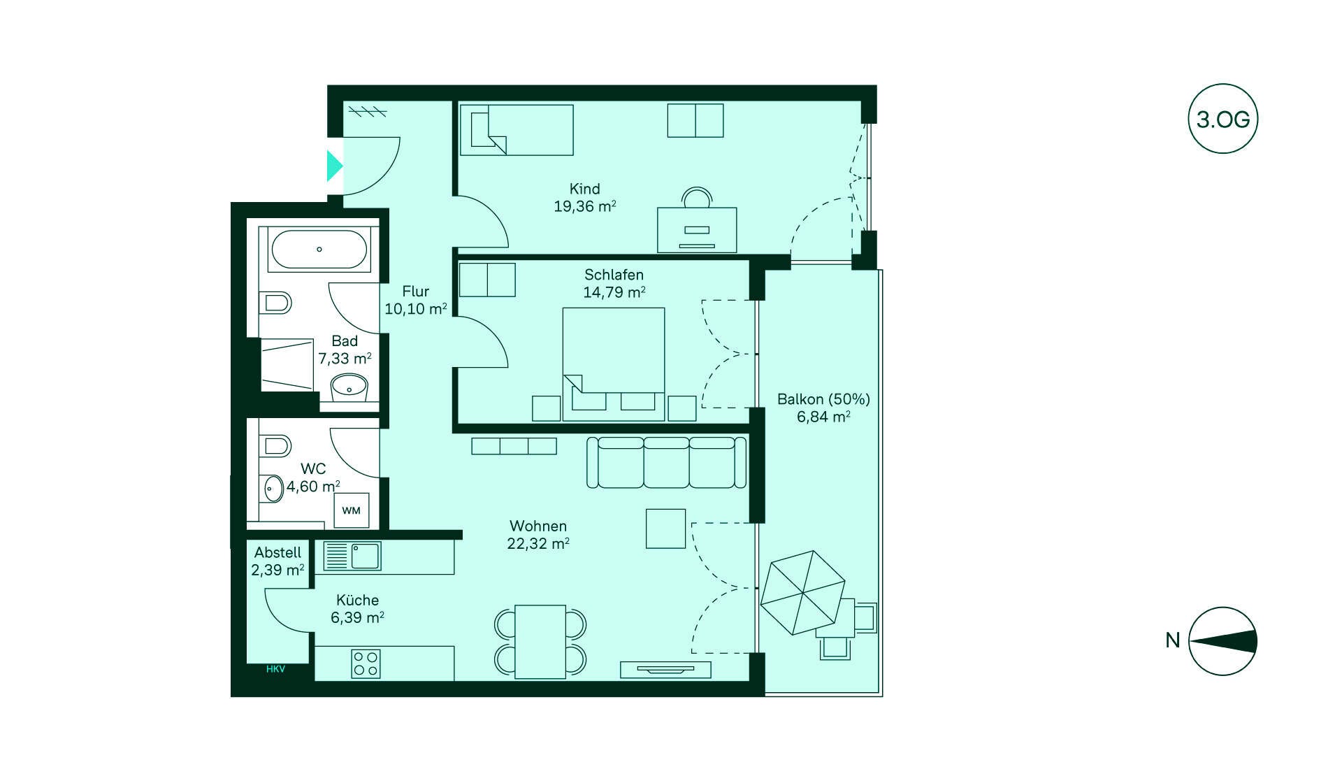 Entdecken Sie diese moderne Wohnung: Flur, Küche, Wohnzimmer, zwei Schlafzimmer, Bad, WC und Balkon. Perfekt für Familien!