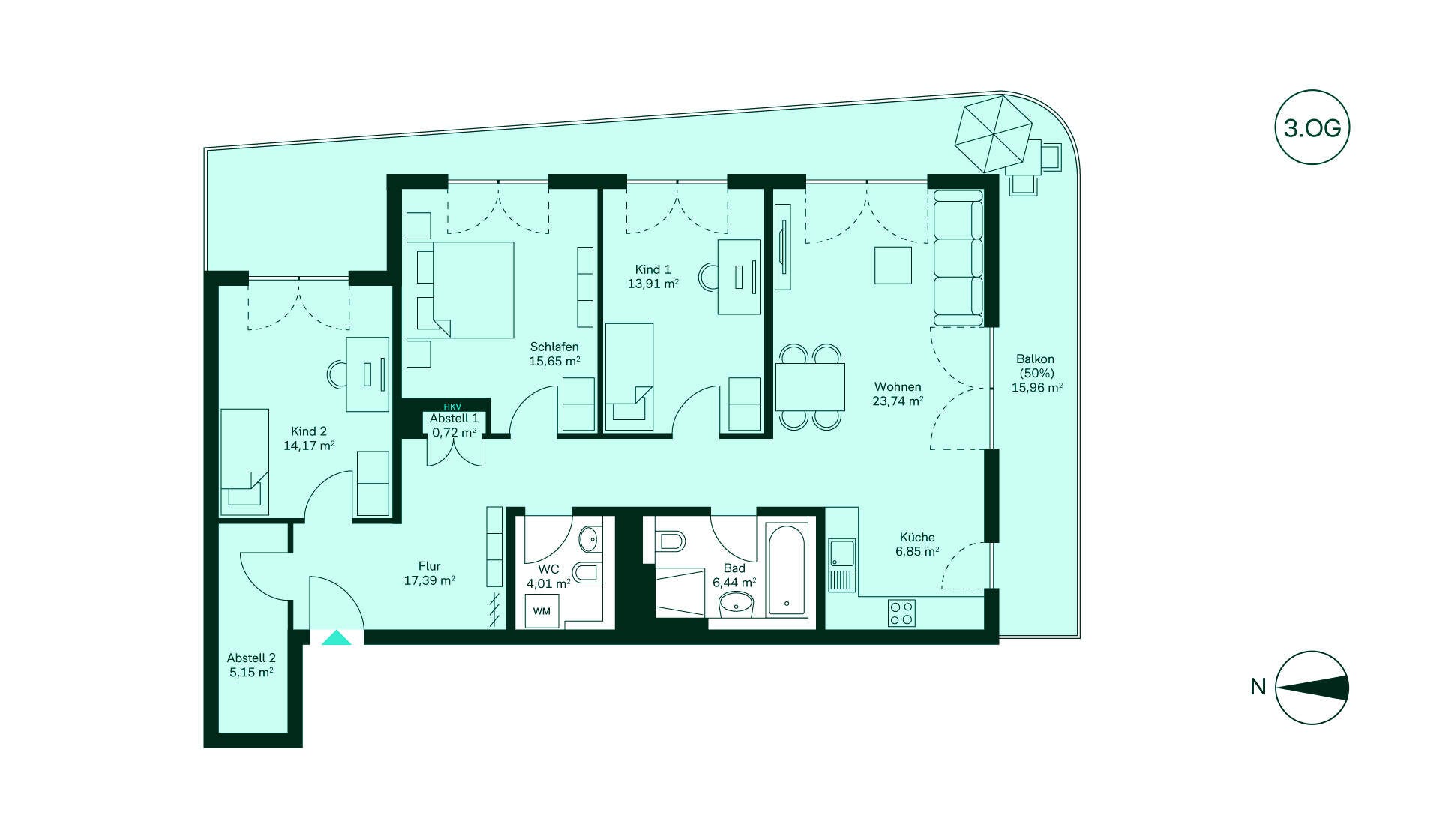 Grundriss Eigentumswohnung 031 Werftquartier Grundriss einer modernen Wohnung: Flur, Küche, Wohnbereich, drei Schlafzimmer, Bad, WC, Balkon.