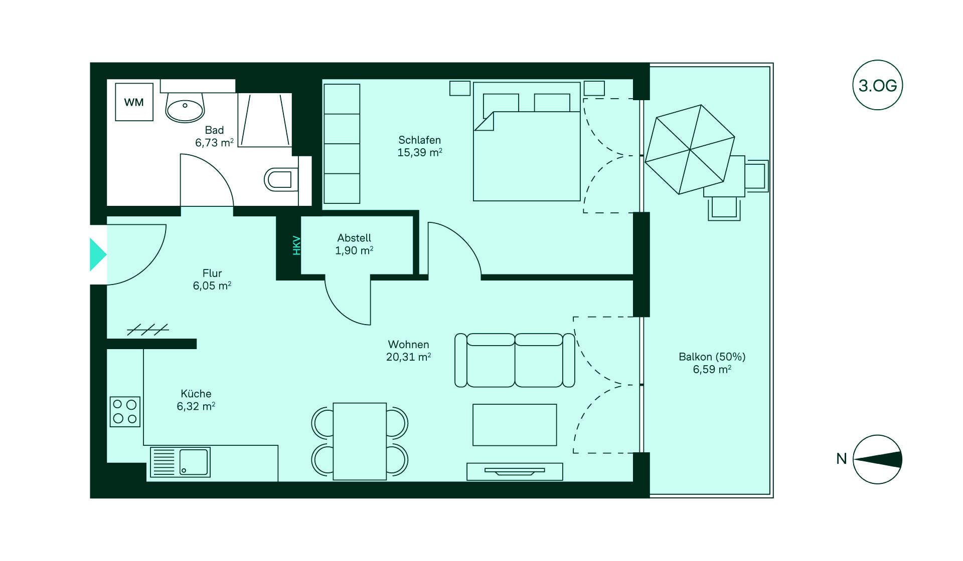 Grundriss Eigentumswohnung 034 Werftquartier Gemütliche Wohnung mit Flur, praktischer Küche, geräumigem Wohnbereich, Schlafzimmer und Bad. Balkon für entspannte Stunden.