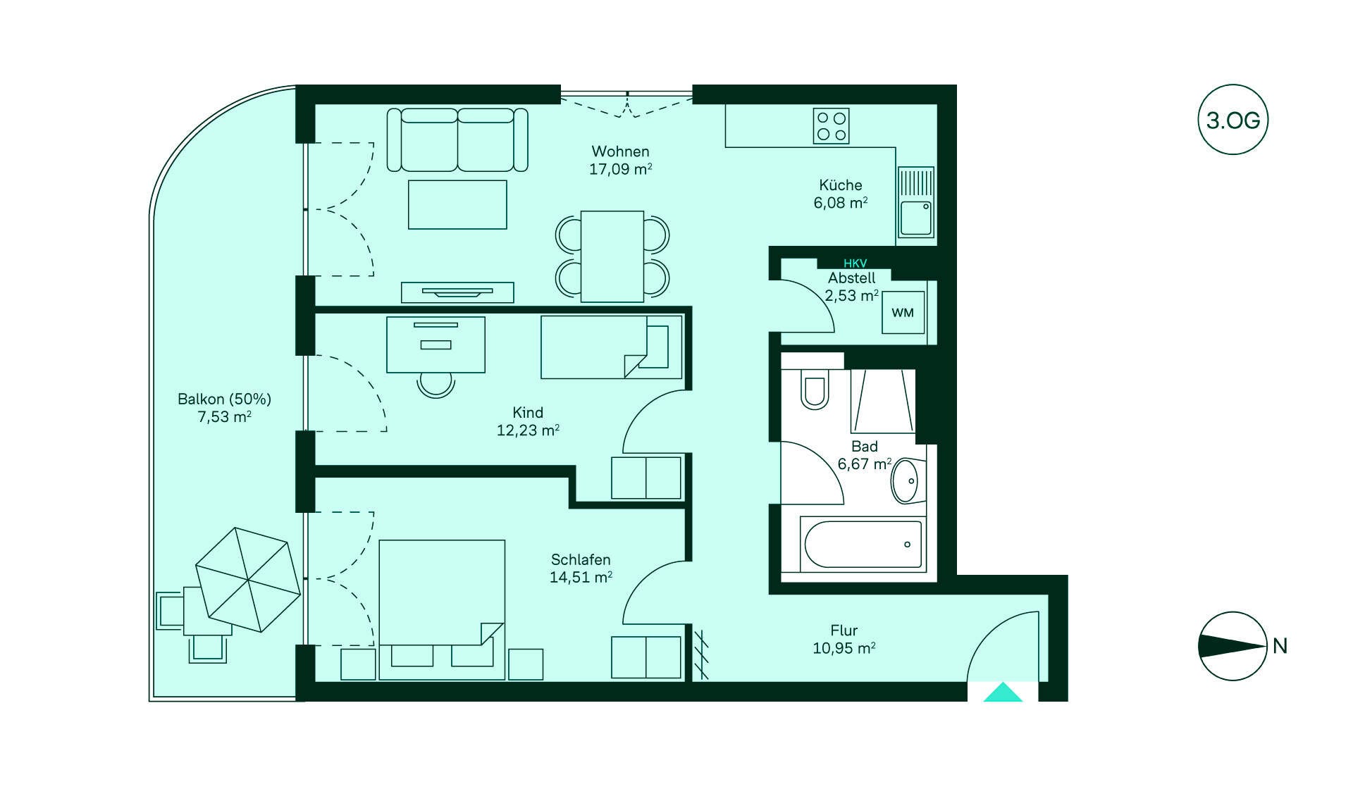 Grundriss Eigentumswohnung 035 Werftquartier Entdecken Sie Ihr neues Zuhause! Vom Flur zur Küche, Wohnzimmer, Schlafzimmer, Bad und Balkon.