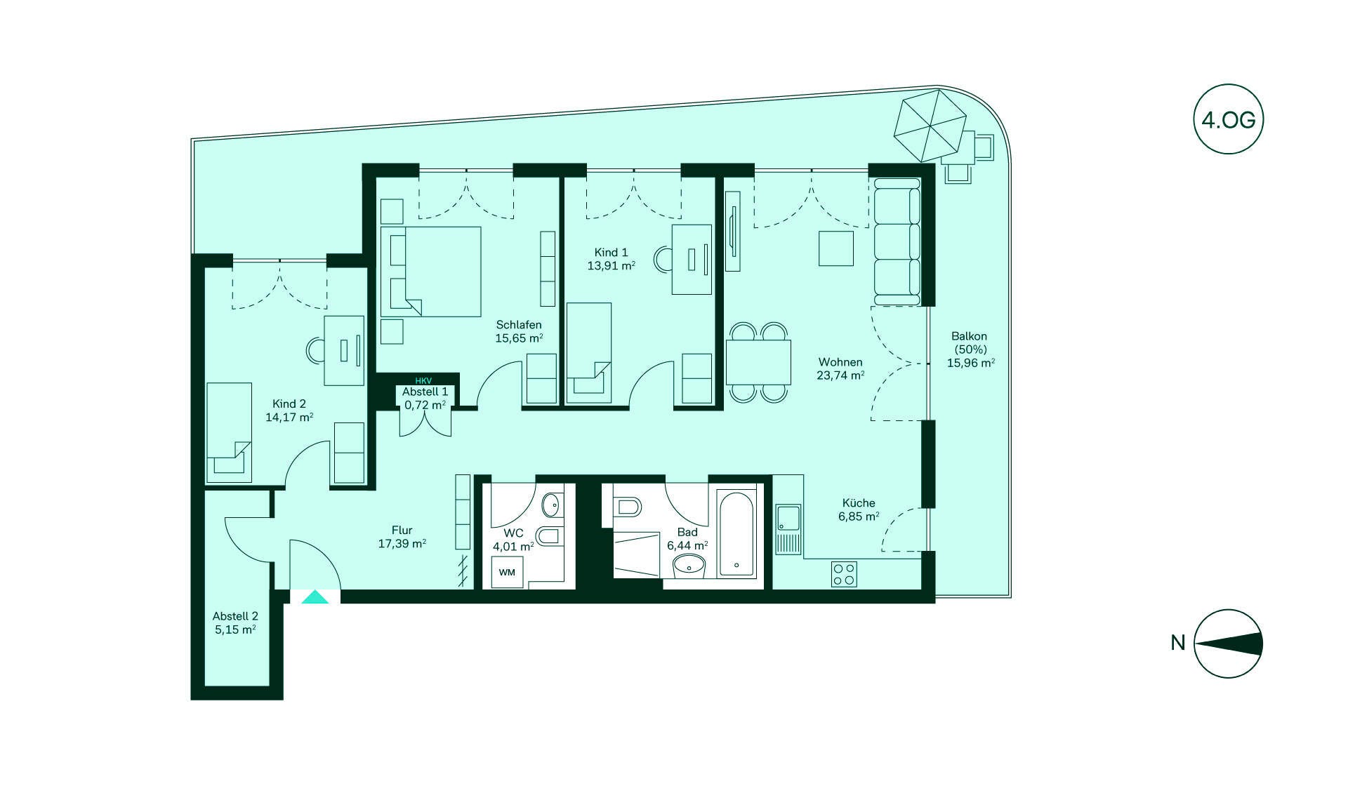 Grundriss Eigentumswohnung 040 Werftquartier Großzügige Wohnung mit Flur, Küche, Wohnzimmer, drei Schlafzimmern, Bad, WC und Balkon.