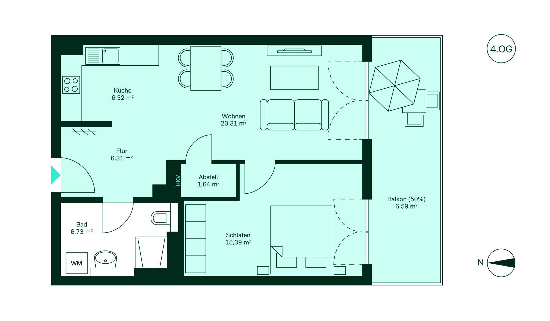 Ein gemütliches Zuhause mit Flur, Küche, Wohnbereich, Schlafzimmer, Bad und Balkon. Ideal für Paare!