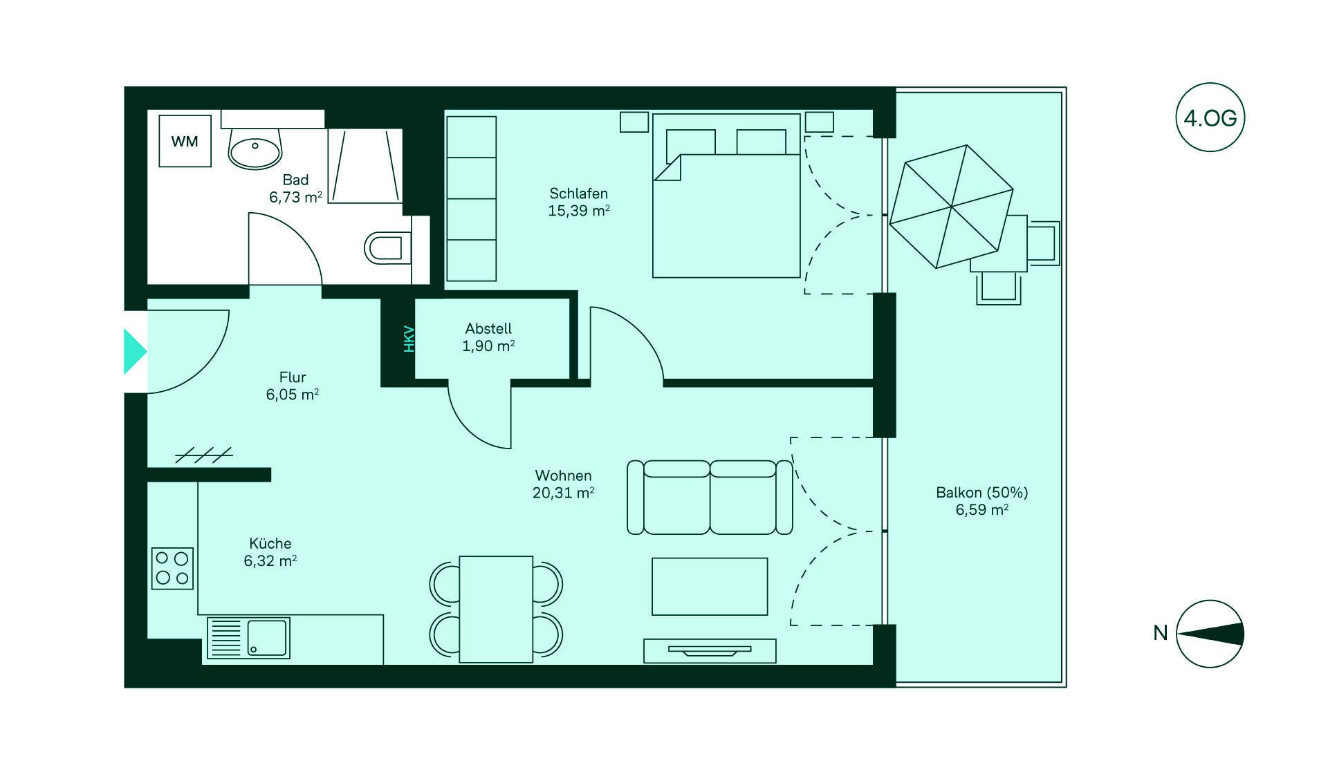 Grundriss Eigentumswohnung 043 Werftquartier Grundriss einer gemütlichen Wohnung: Flur, Küche, Wohnzimmer, Schlafzimmer, Bad, Balkon und Abstellraum.