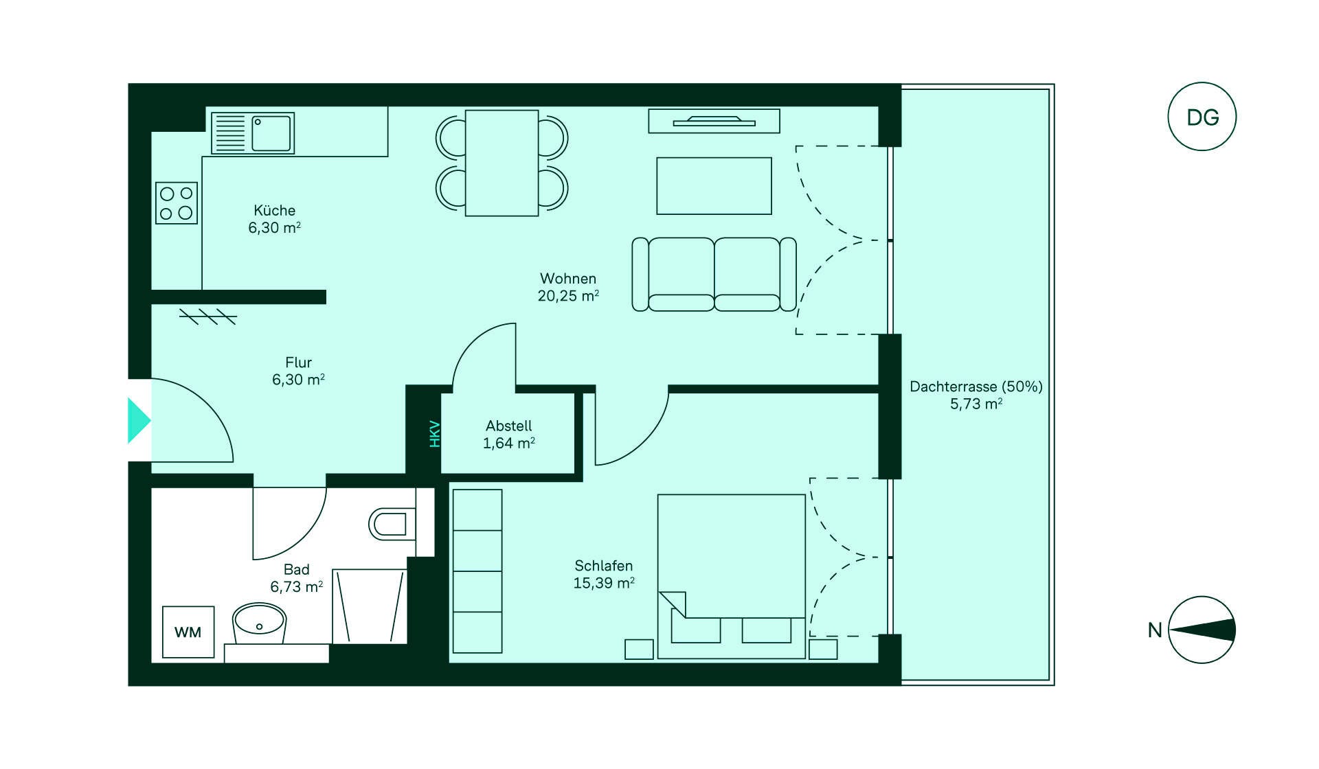 Grundriss Eigentumswohnung 048 Werftquartier Gemütliche Wohnung mit Flur, Küche, Wohnzimmer, Schlafzimmer, Bad und Dachterrasse. Ideal für Paare!