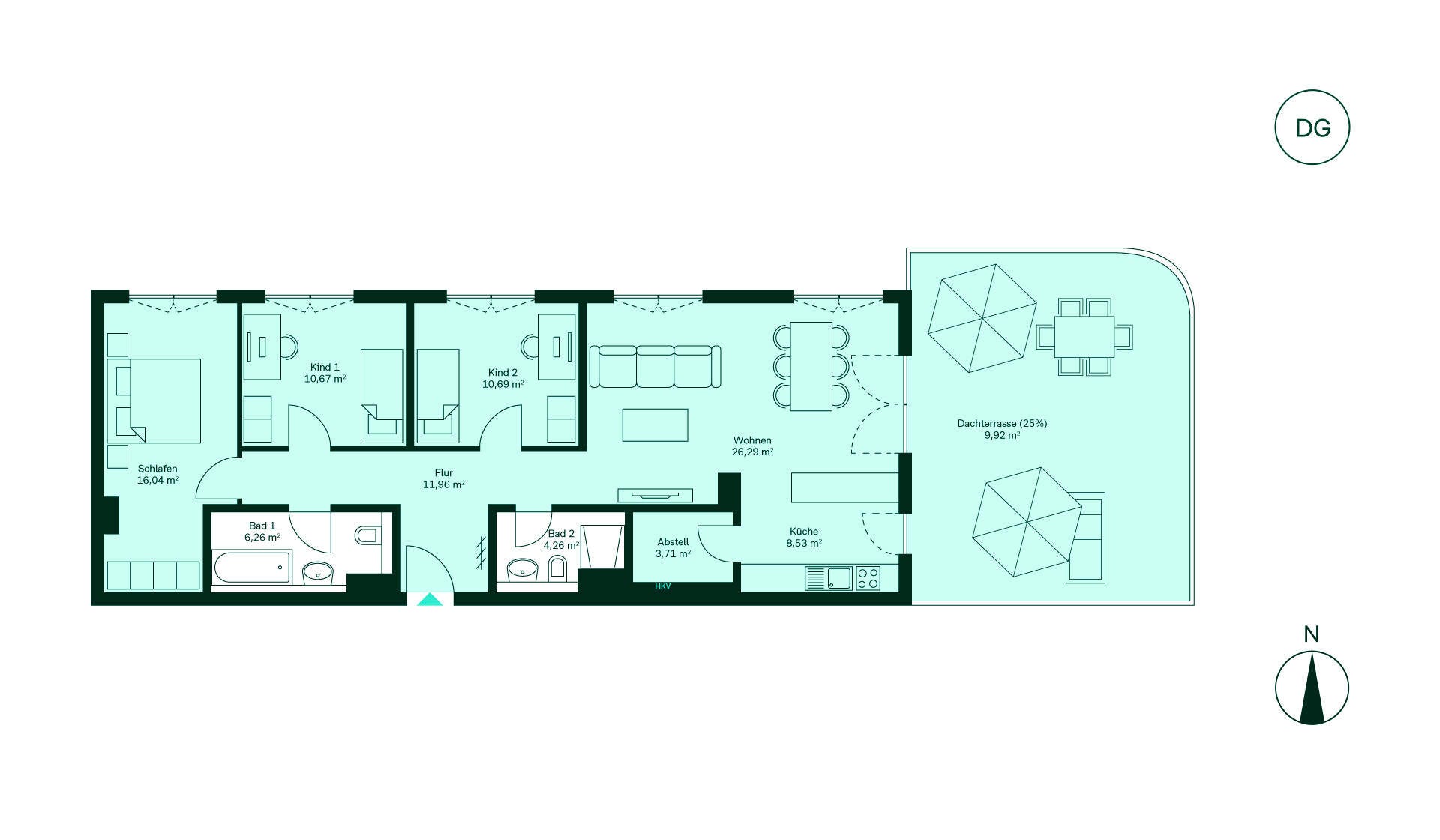Grundriss Eigentumswohnung 046 Werftquartier Entdecken Sie das lichtdurchflutete Dachgeschoss mit geräumigem Wohnzimmer, moderner Küche und großer Terrasse. Zwei gemütliche Kinderzimmer, ein Hauptschlafzimmer und zwei elegante Bäder bieten Komfort für die ganze Familie.