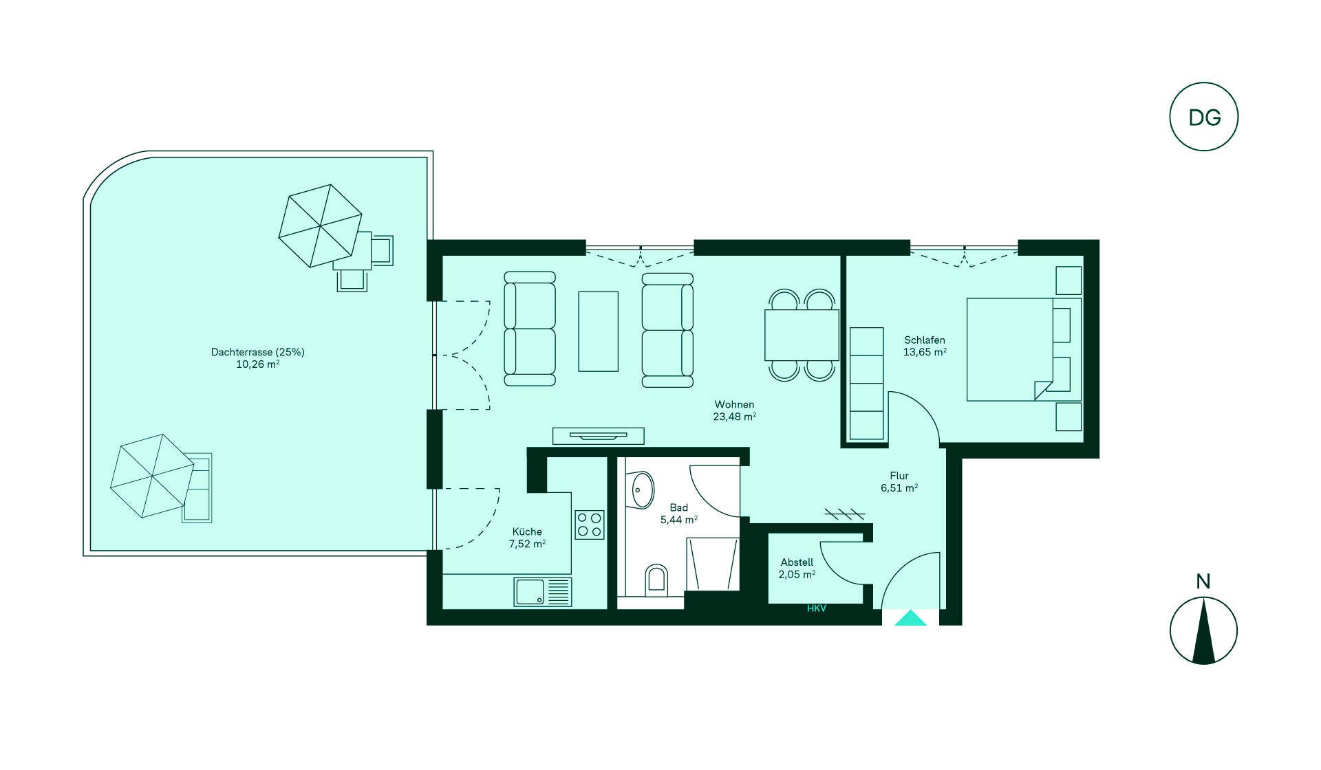 Grundriss Eigentumswohnung 050 Werftquartier Gemütliche Wohnung mit Flur, offener Küche, großzügigem Wohnzimmer, Schlafzimmer und Bad. Terrasse lädt zum Entspannen ein.