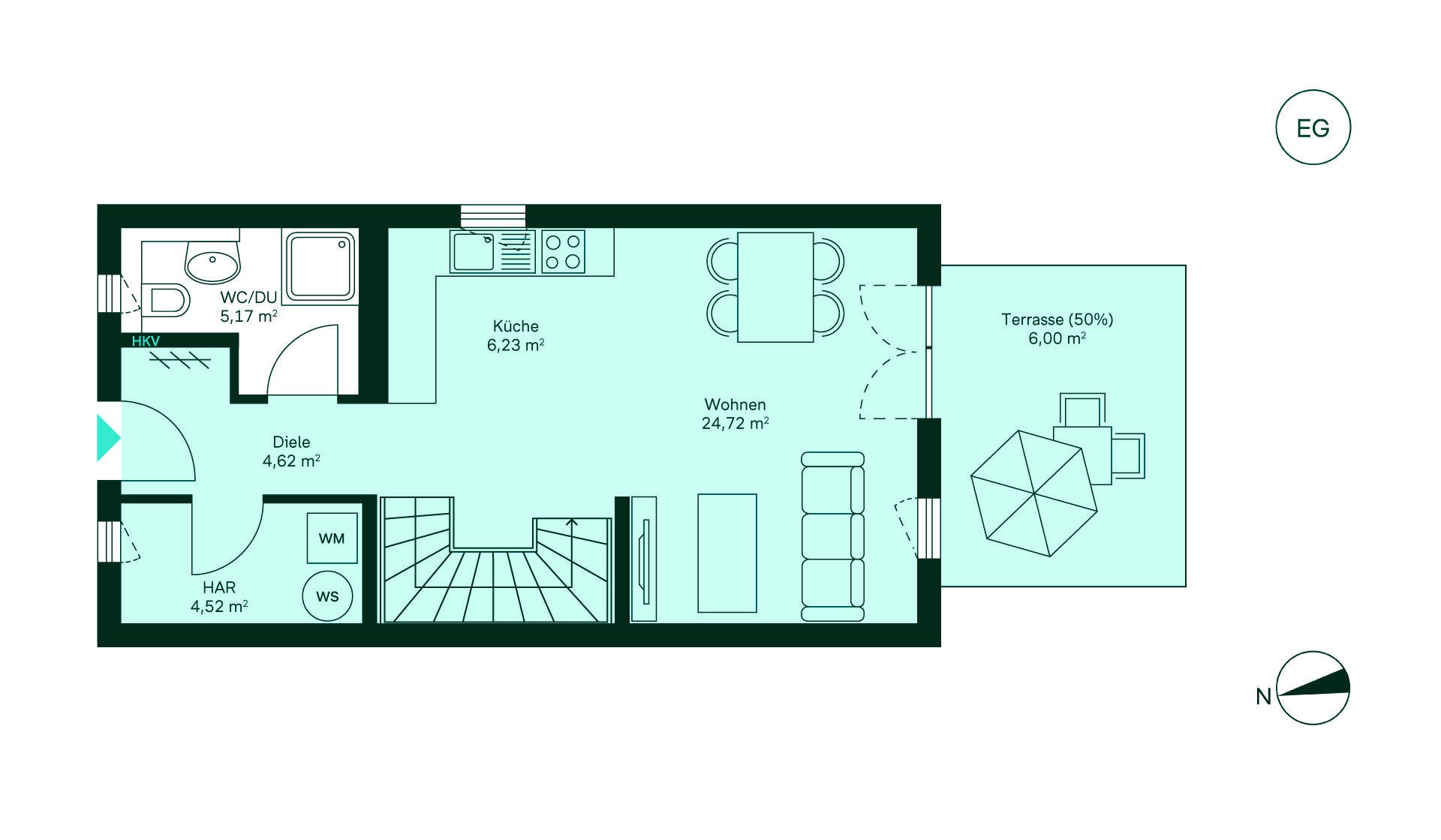 Grundriss Erdgeschoss Reihenhaus Erdgeschoss mit Diele, Küche, Wohnbereich und Terrasse. Praktisches Bad und Hauswirtschaftsraum.